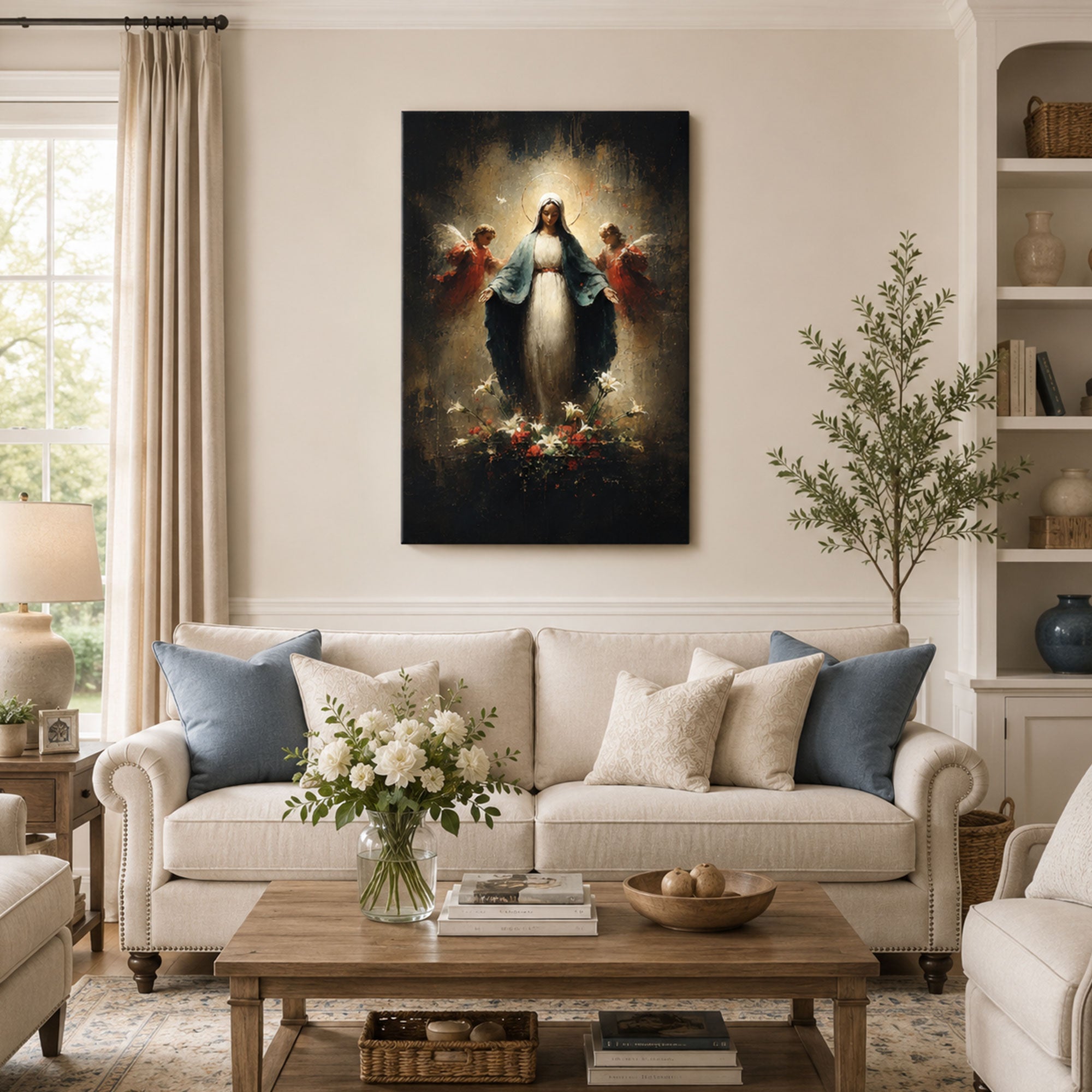 Virgin Mary with Angels Canvas Print, Catholic Home Decor