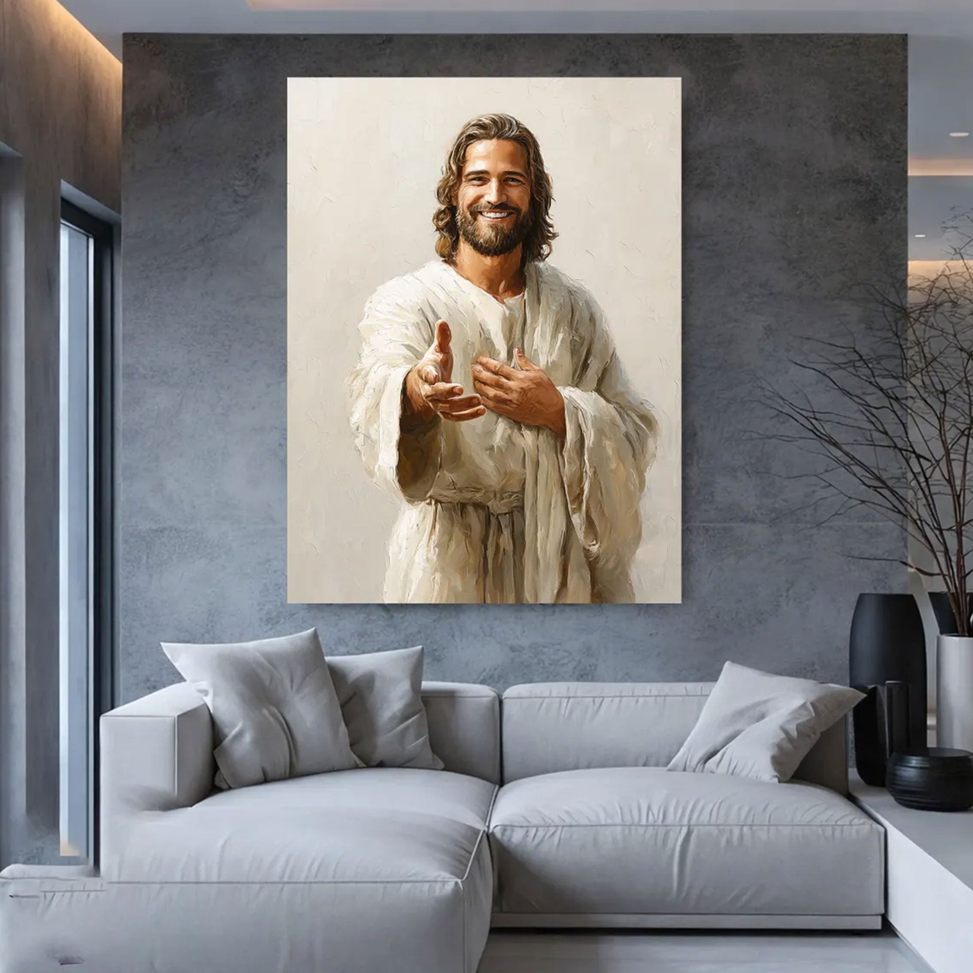 Smiling Jesus Canvas Print, Welcoming Faith Wall Art, Christian Religious Home Decor, Inspirational Gift