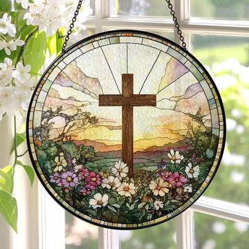 Stained Glass Cross with Wildflowers Suncatcher, Christian Window Decor, Religious Faith Gift, Floral Hanging Ornament