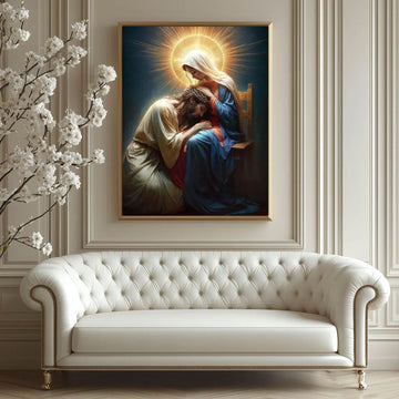 Mother Comforts Her Son Canvas Wall Art, Virgin Mary Embracing Jesus, Catholic Religious Decor