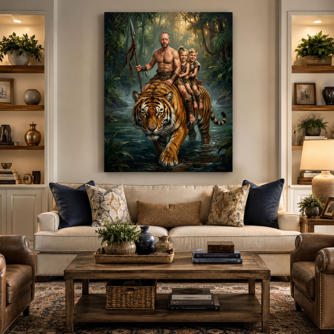 Personalized Beast Master Family Canvas Print, Custom Dad and Kids Tiger Rider Wall Art, Father’s Day Gift