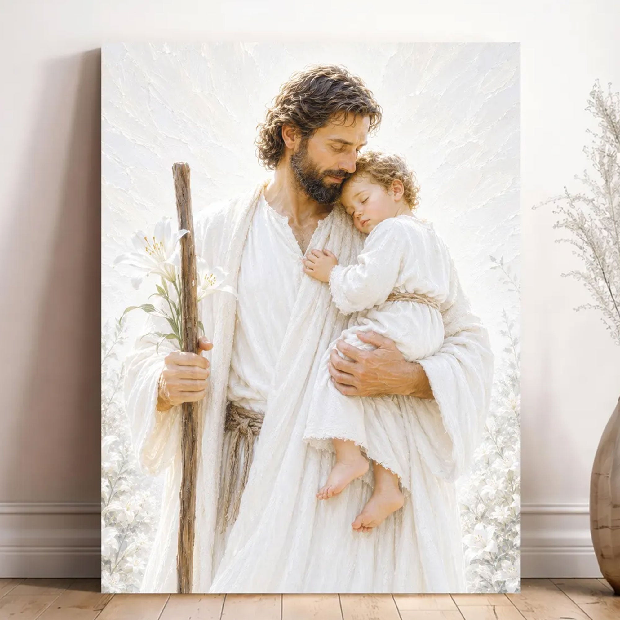 Saint Joseph Holding Baby Jesus Canvas Print, Christian Fatherly Love Wall Art, Peaceful Catholic Home Decor