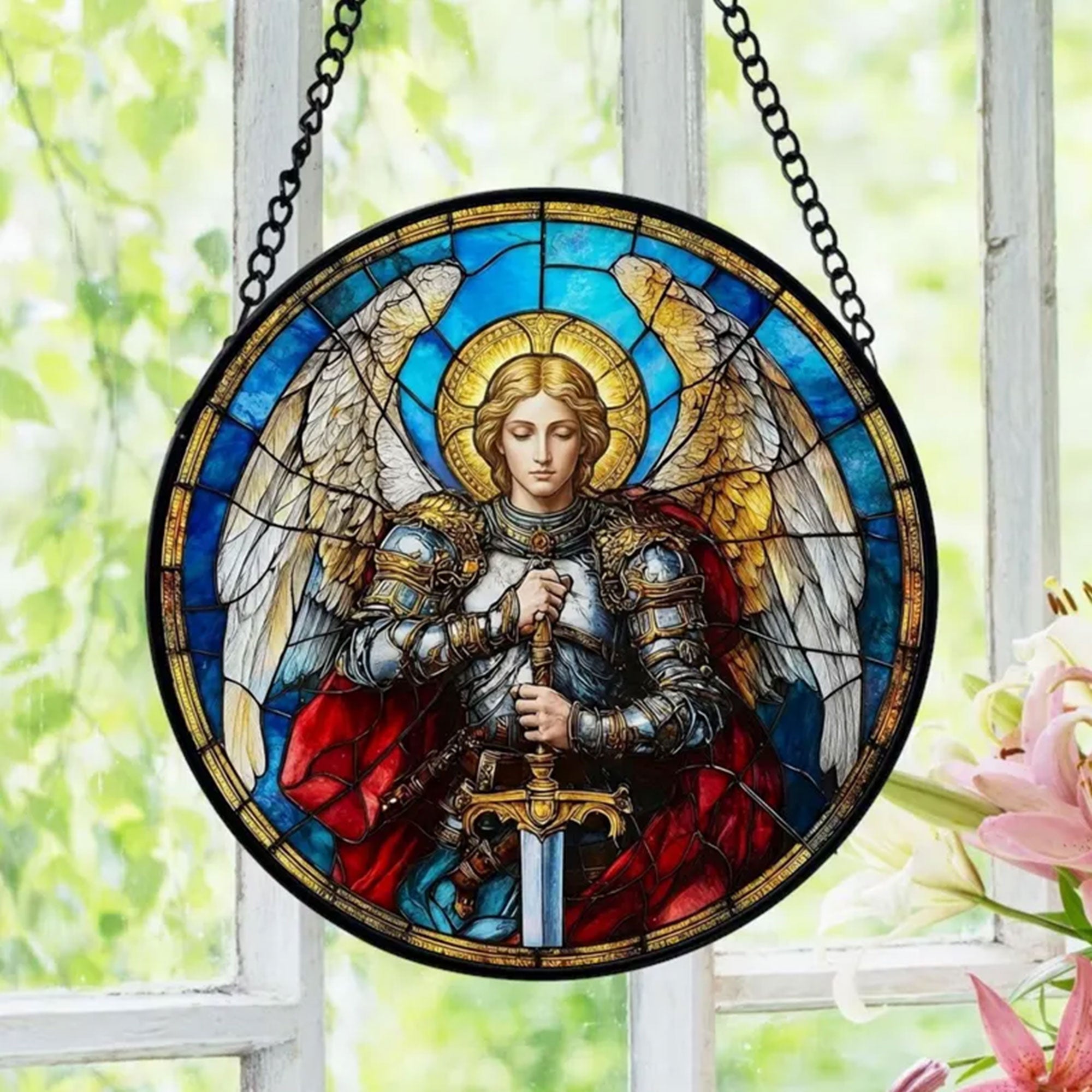 Archangel Michael Stained Glass Suncatcher, Guardian Angel Window Hanging Gift