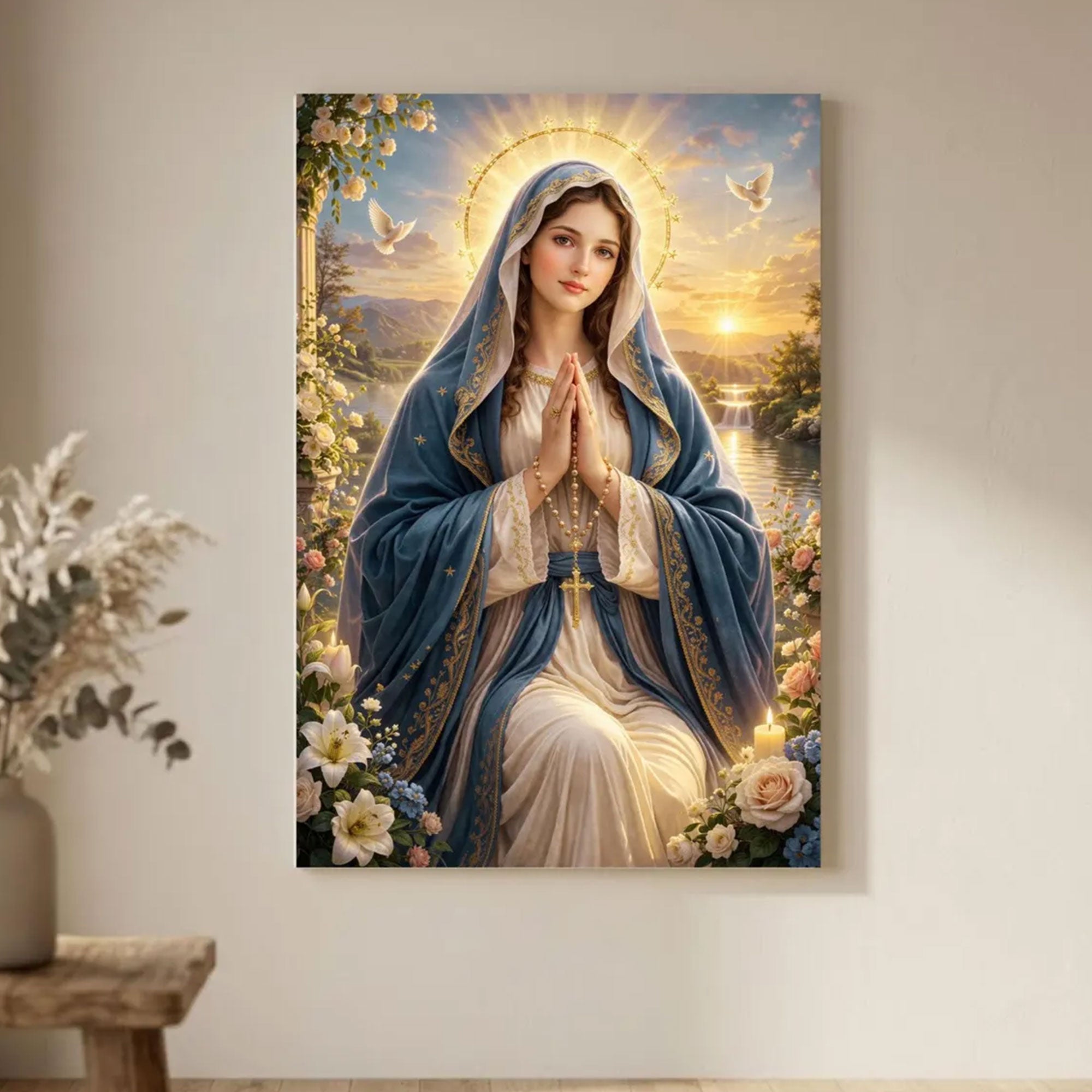 Virgin Mary Canvas Print, Blessed Mother Christian Wall Art, Heavenly Faith Decor, Peaceful Spiritual Artwork