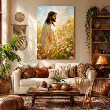 Jesus in Flower Field Canvas Print, Serene Christian Wall Decor, Inspirational Faith Artwork