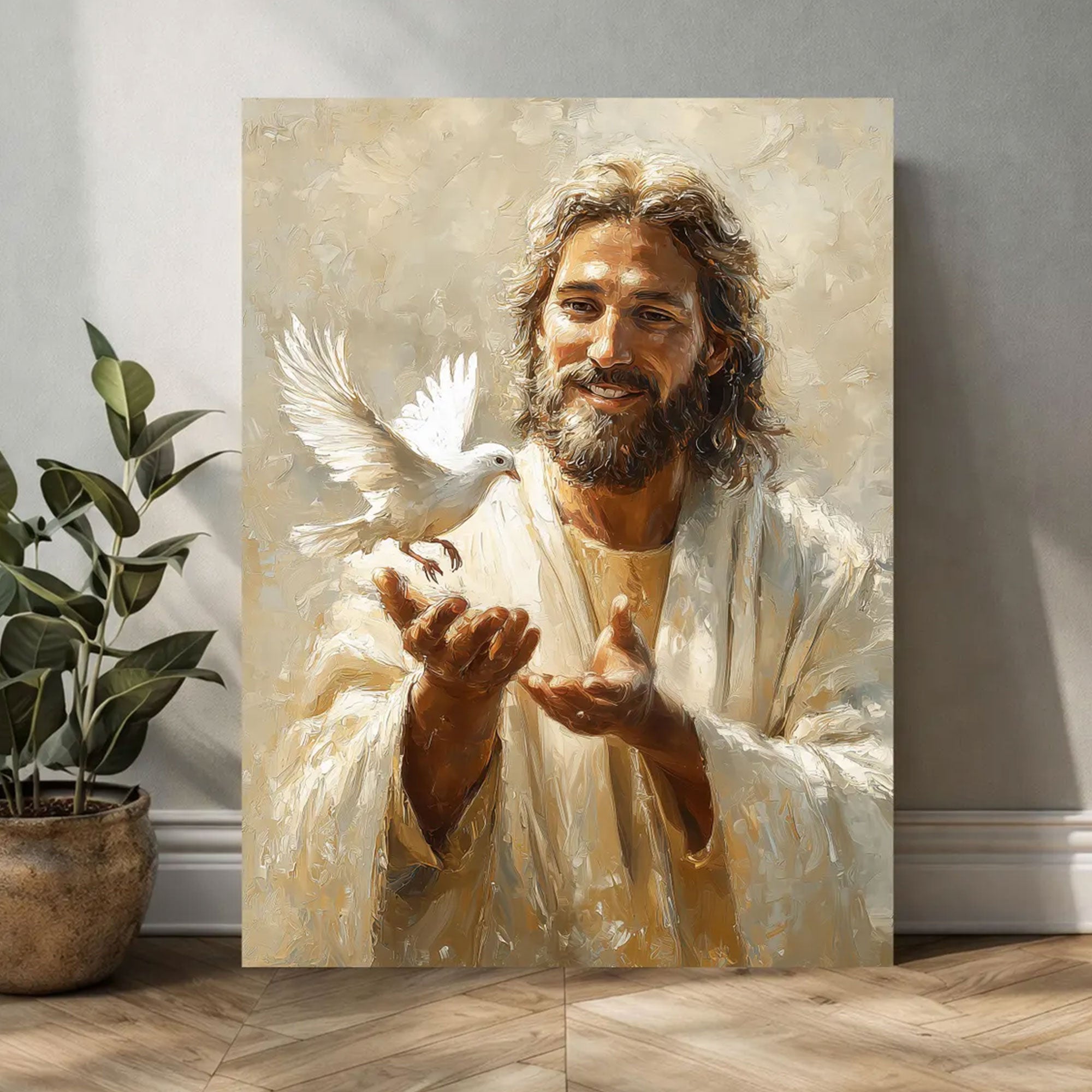 Jesus with Dove Canvas Print, Holy Spirit Christian Wall Art, Peaceful Faith Home Decor