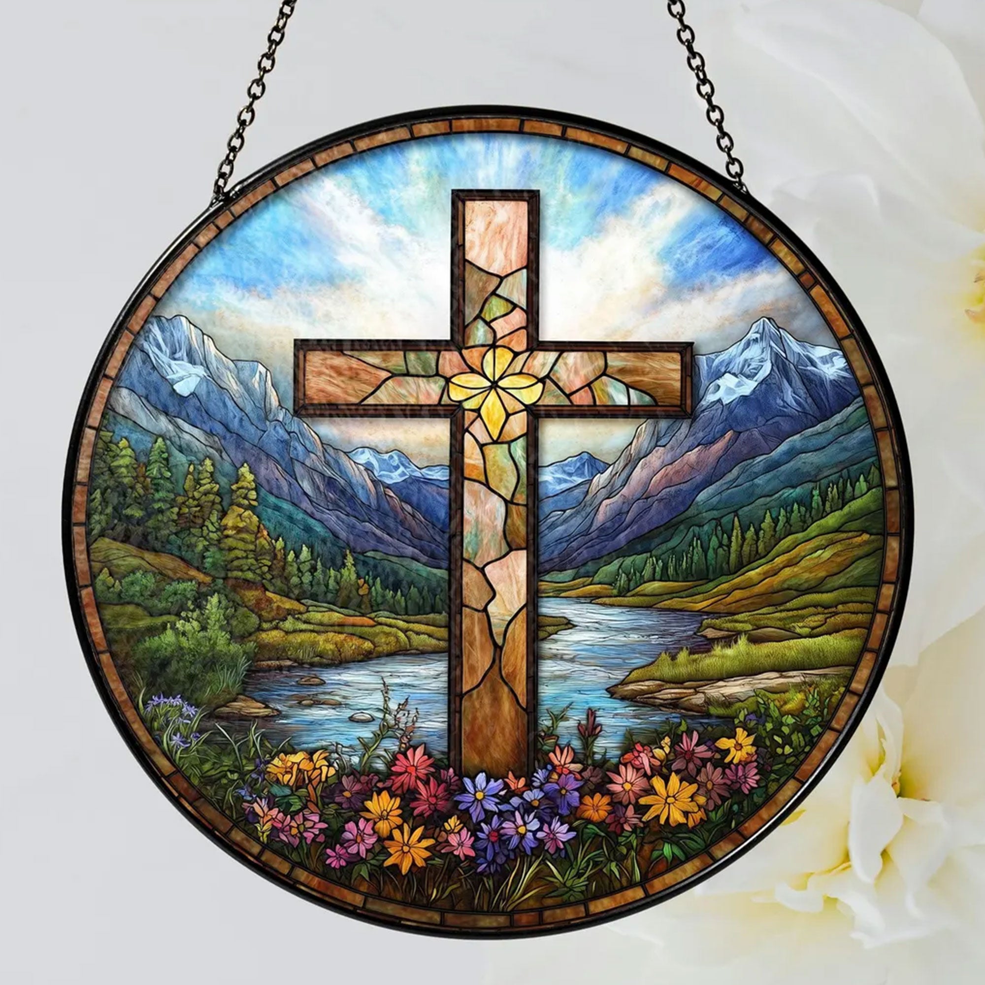 Stained Glass Cross Suncatcher with Wildflowers and Sunset, Christian Window Hanging, Mountain River Decor, Faith Gift