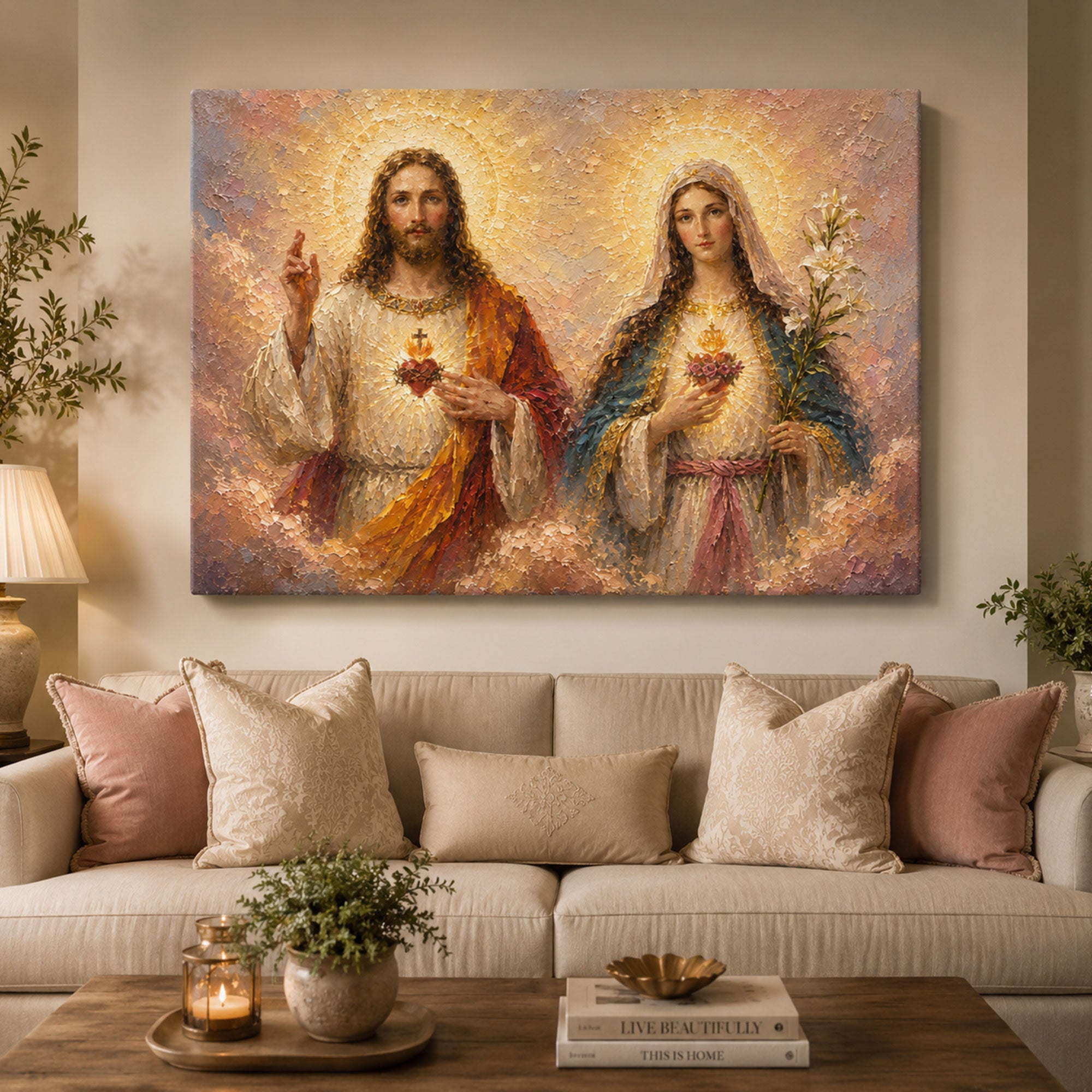 Sacred Heart of Jesus and Immaculate Heart of Mary Canvas Print, Catholic Wall Art, Christian Religious Home Decor, Devotional Faith Gift