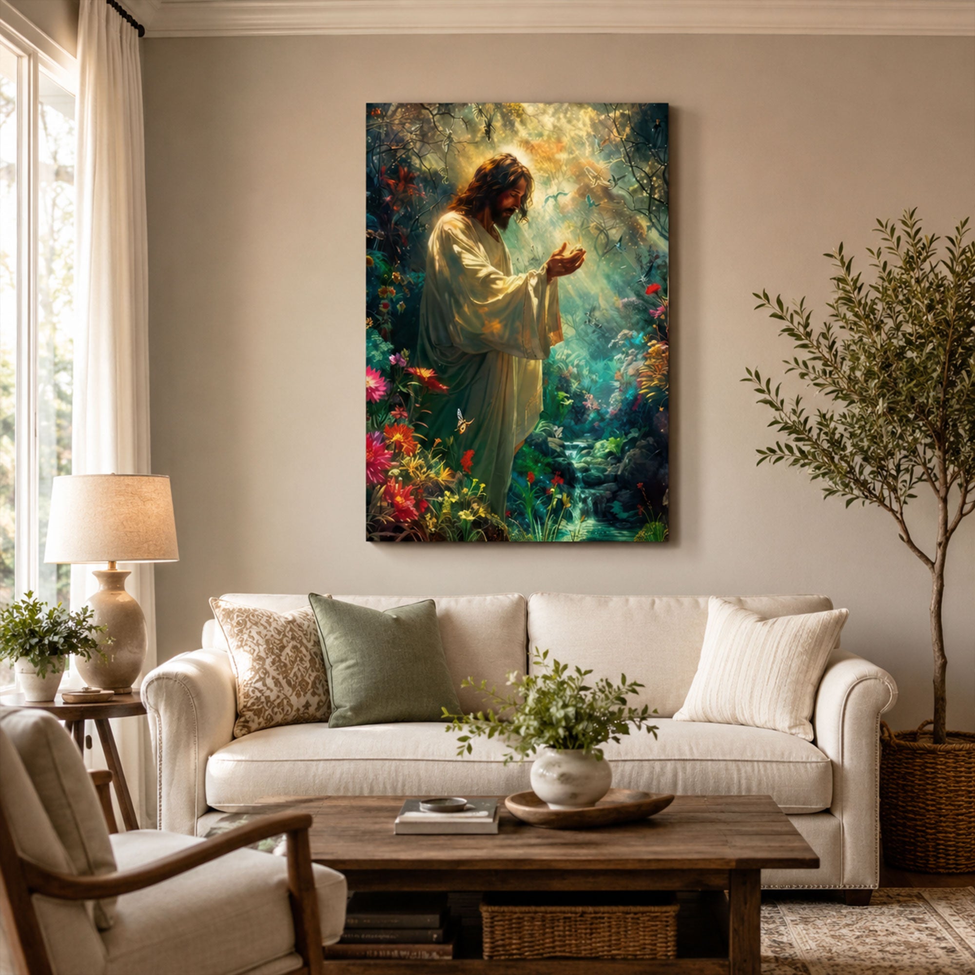 Spiritual Harmony Canvas Wall Art, Jesus Enchanted Garden, Peaceful Christian Faith Home Decor