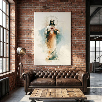 Sacred Heart of Jesus Watercolor Canvas Print, Christian Catholic Wall Art, Devotional Faith Home Decor