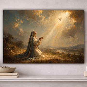 Virgin Mary Prayer Canvas Wall Art, Holy Spirit Dove Painting, Catholic Oil Style Print, Devotional Religious Decor, Sacred Christian Farmhouse Canvas, Inspirational Faith Gift