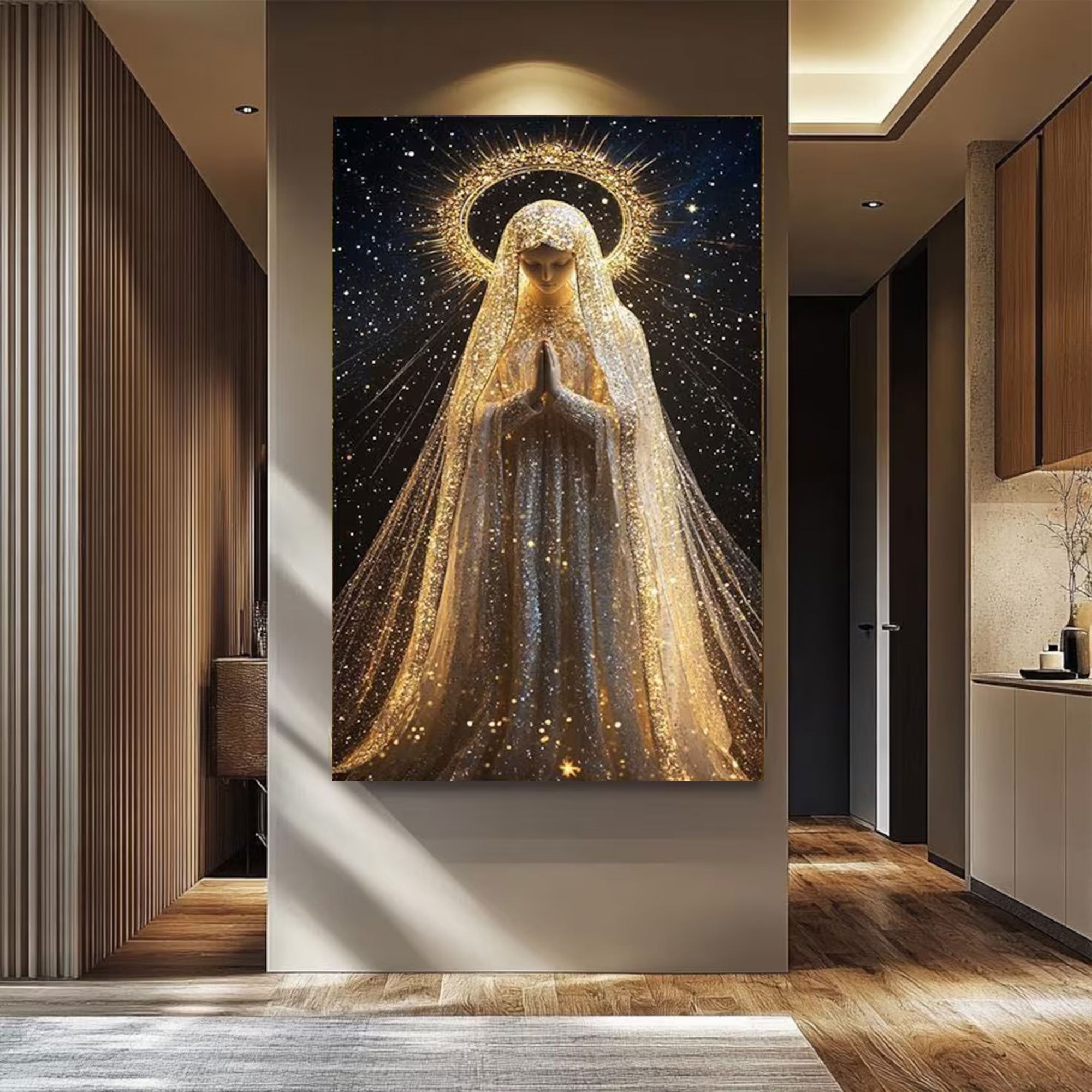 Virgin Mary Wall Art Canvas Print, Mother Mary with Starry Halo Spiritual Religious Canvas for Prayer Space