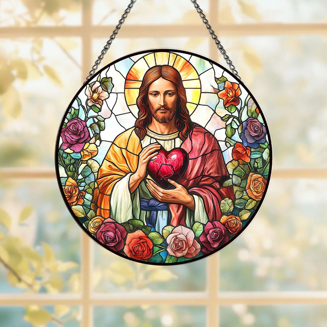 Sacred Heart of Jesus Stained Glass Suncatcher, Christian Window Hanging Decor, Catholic Religious Faith Gift