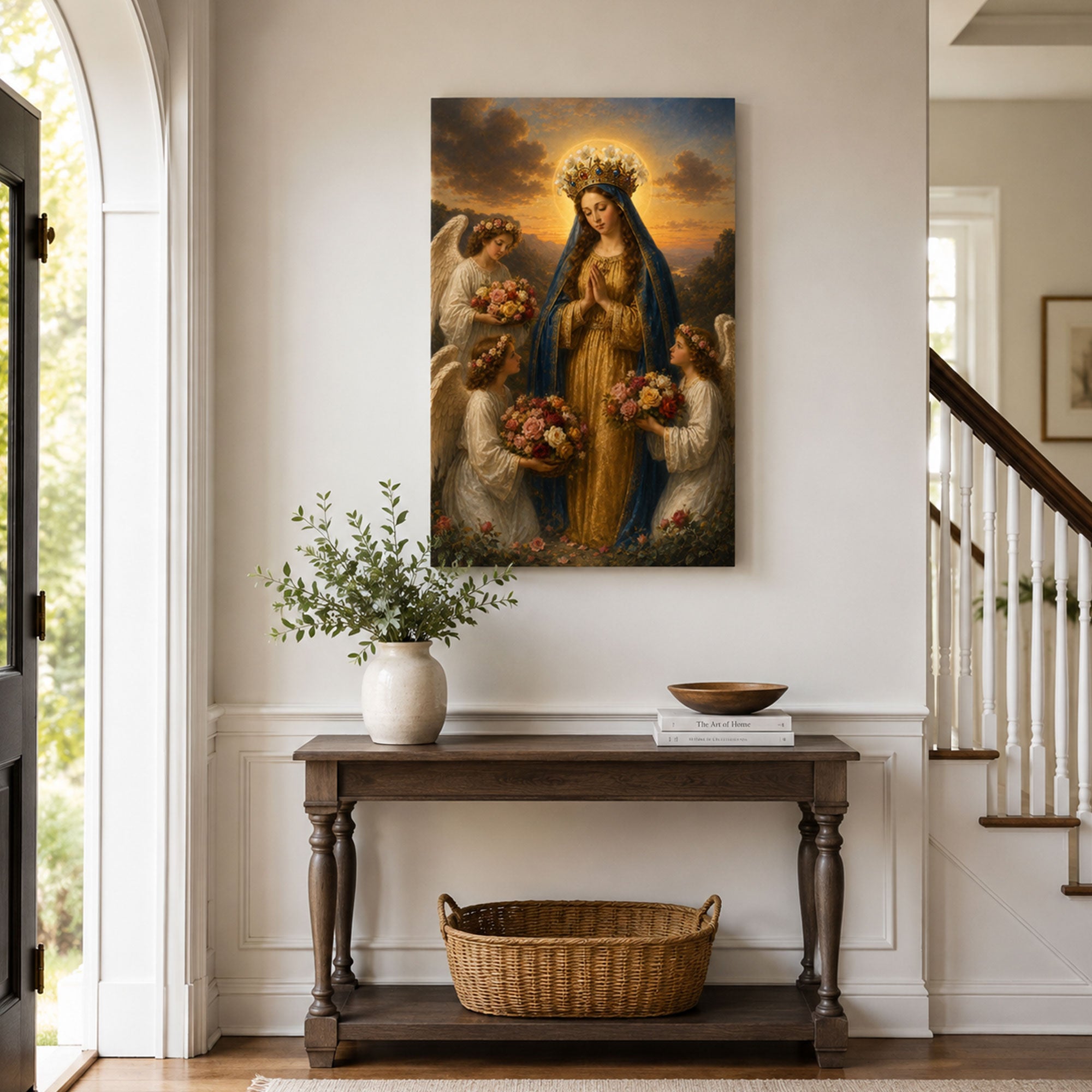 Crowned Virgin Mary with Angels and Flowers Canvas Print, Catholic Home Decor