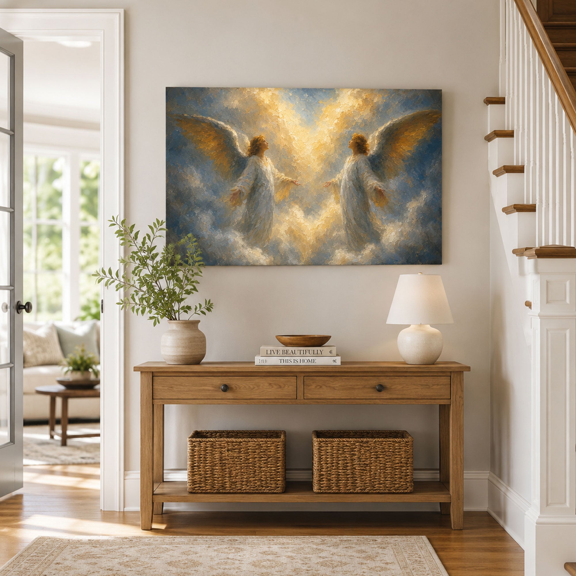 Two Angels in Heavenly Light Canvas Print, Christian Home Decor