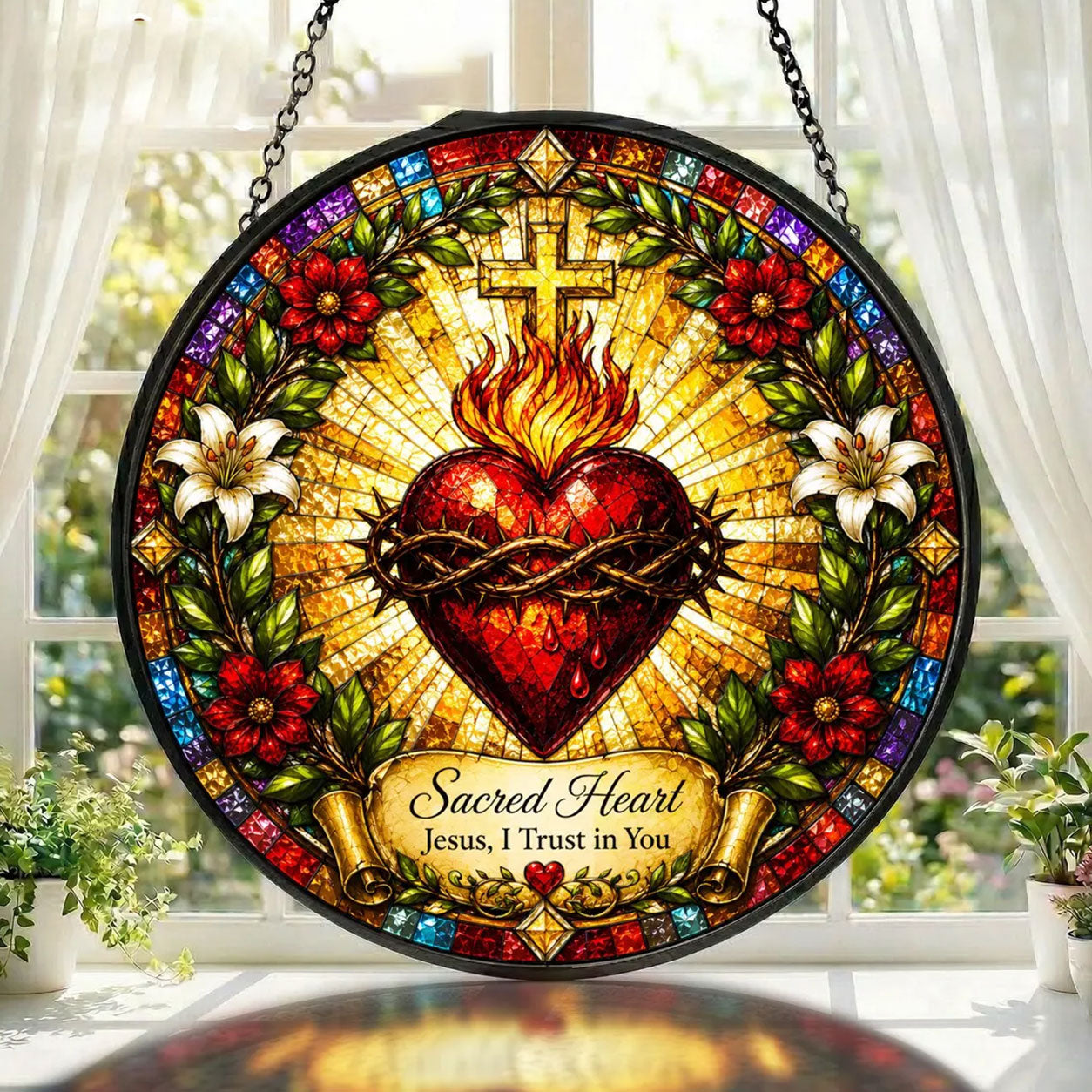 Sacred Heart of Jesus Suncatcher, Jesus I Trust in You Catholic Window Hanging, Christian Faith Gift