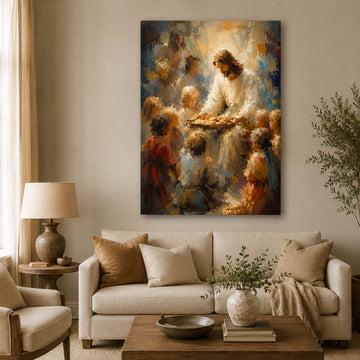 Jesus Sharing Bread with Children Canvas Print, Christian Wall Art, Bread of Life Faith Home Decor