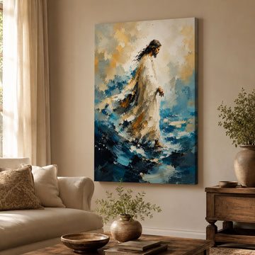 Jesus Walking on Water Canvas Print, Blue Christian Wall Art, Faith and Peace Home Decor