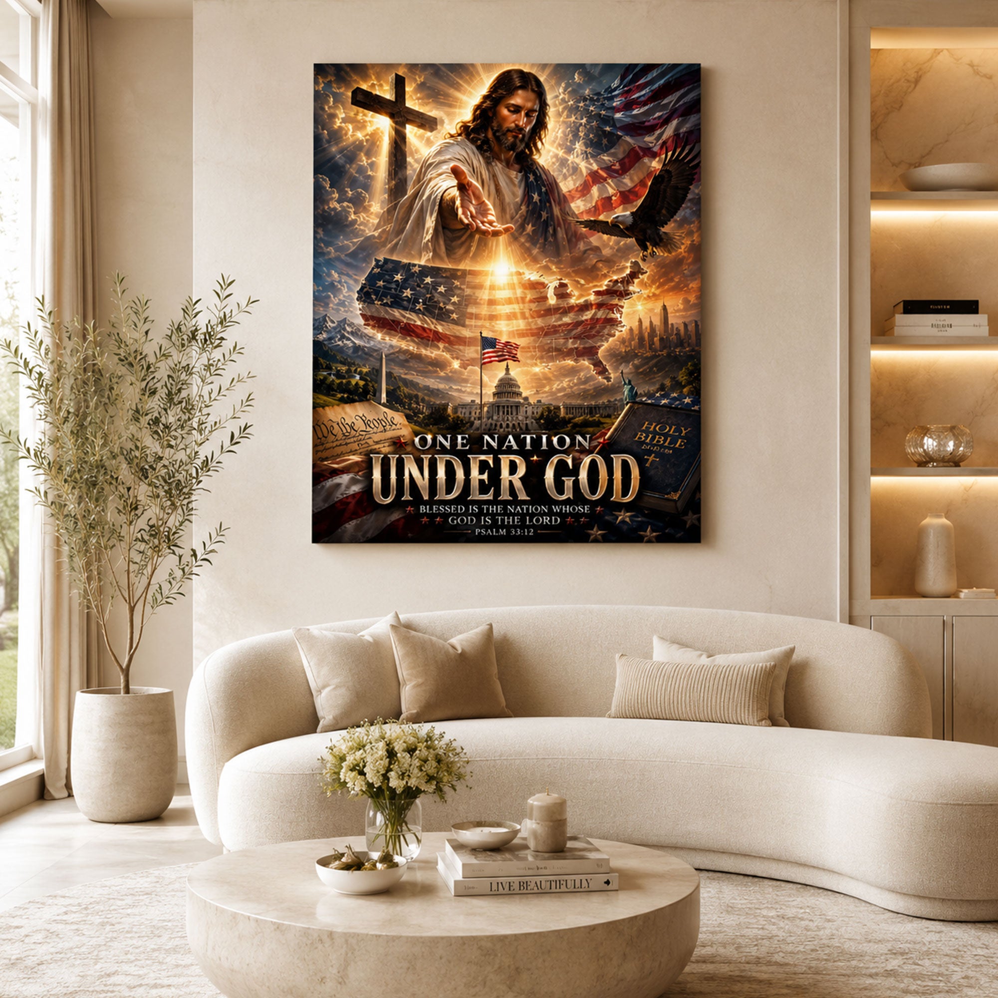 One Nation Under God Canvas Print, Patriotic Jesus Christian Wall Art, American Faith Decor, Inspirational Religious Artwork