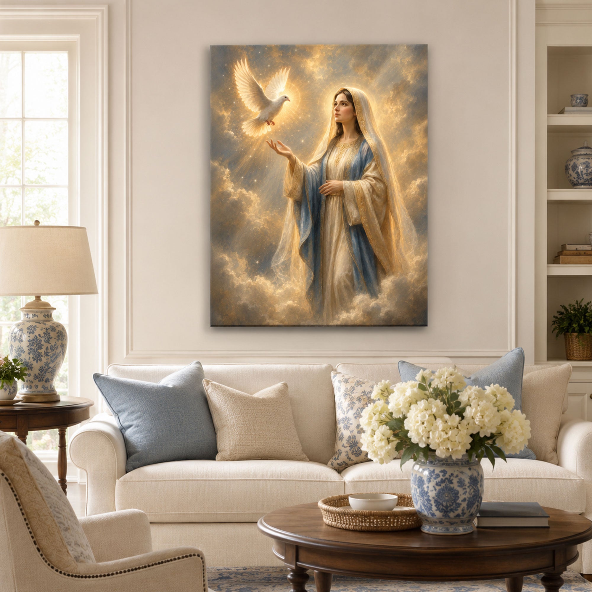 Virgin Mary with Holy Spirit Dove Canvas Print, Catholic Home Decor