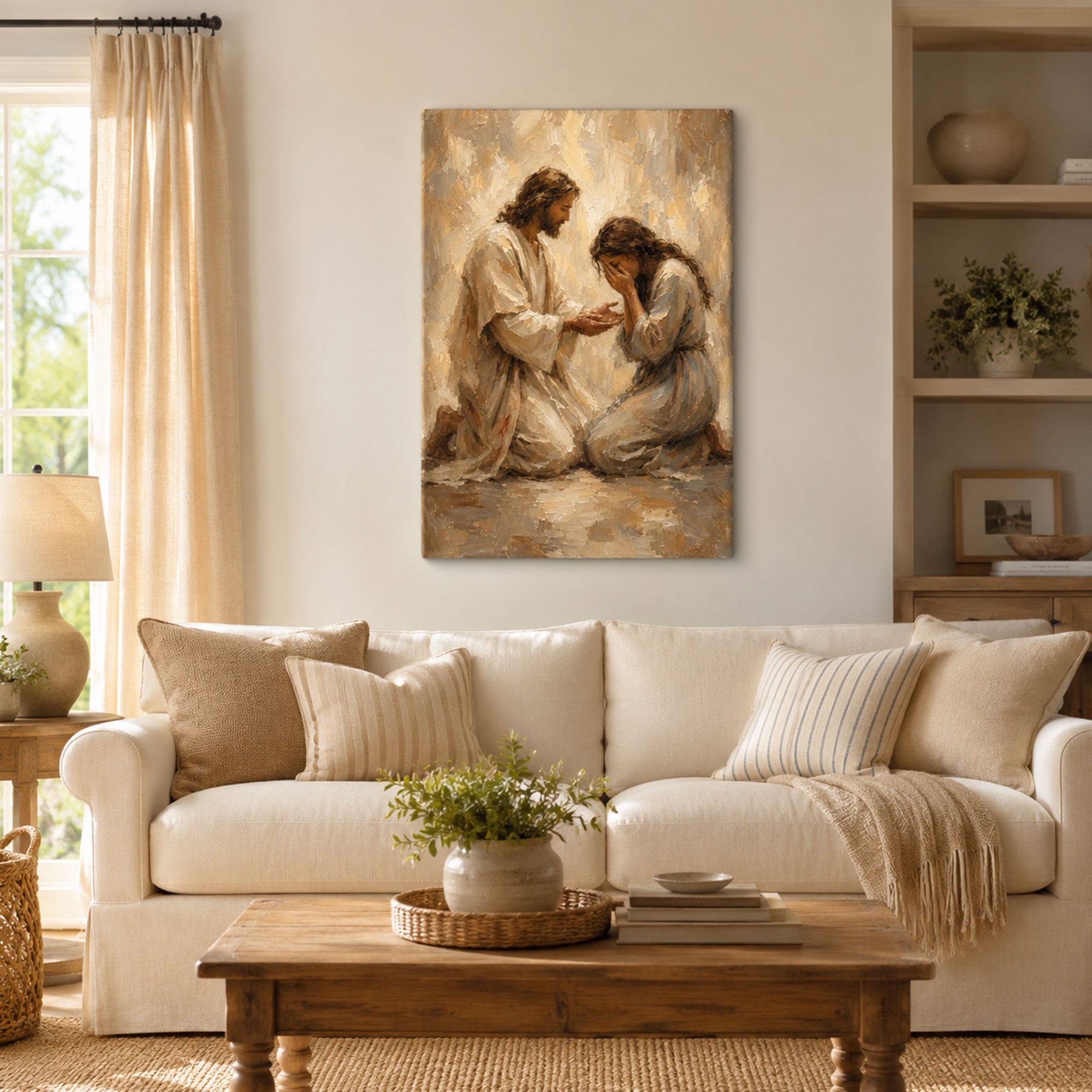 Jesus Comforting Woman Canvas Print, Soft Brush Christian Wall Decor for Home