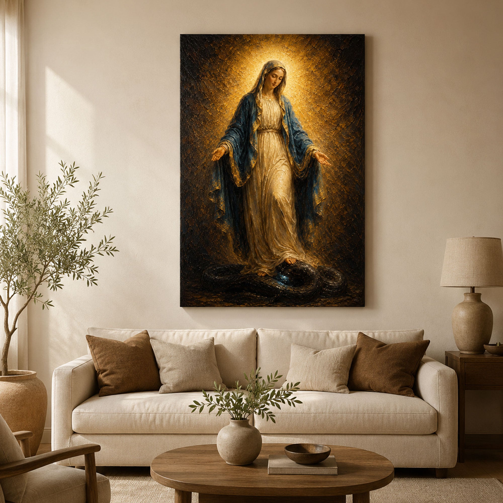 Virgin Mary Crushing Serpent Canvas Print, Catholic Wall Art, Grace Faith Home Decor