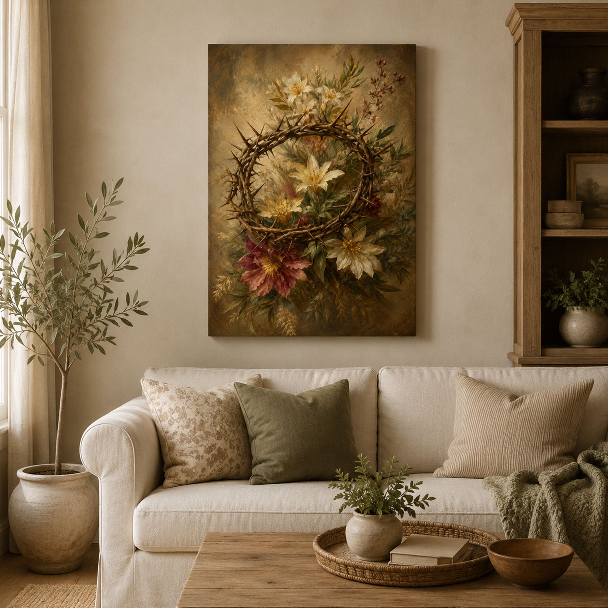 Crown of Thorns Floral Canvas Print, Christian Passion Wall Art, Faith Home Decor Gift