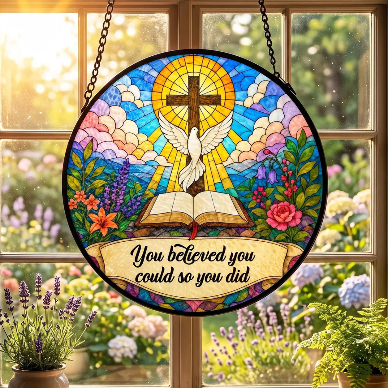 You Believed You Could So You Did Suncatcher, Christian Cross and Dove Window Hanging, Inspirational Faith Gift
