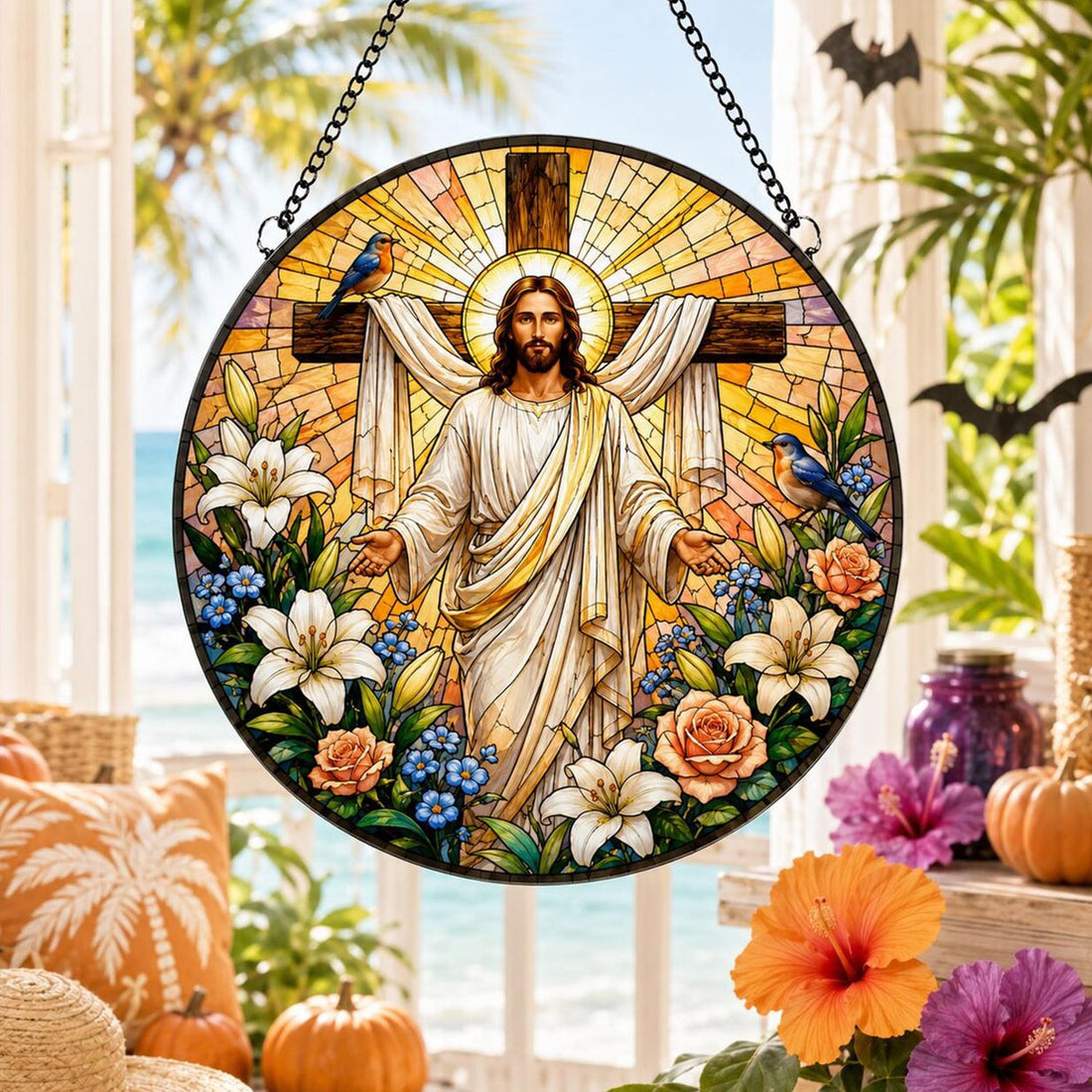 Jesus Christ Open Arms Suncatcher, Easter Cross Christian Home Decor, Faith Inspired Gift