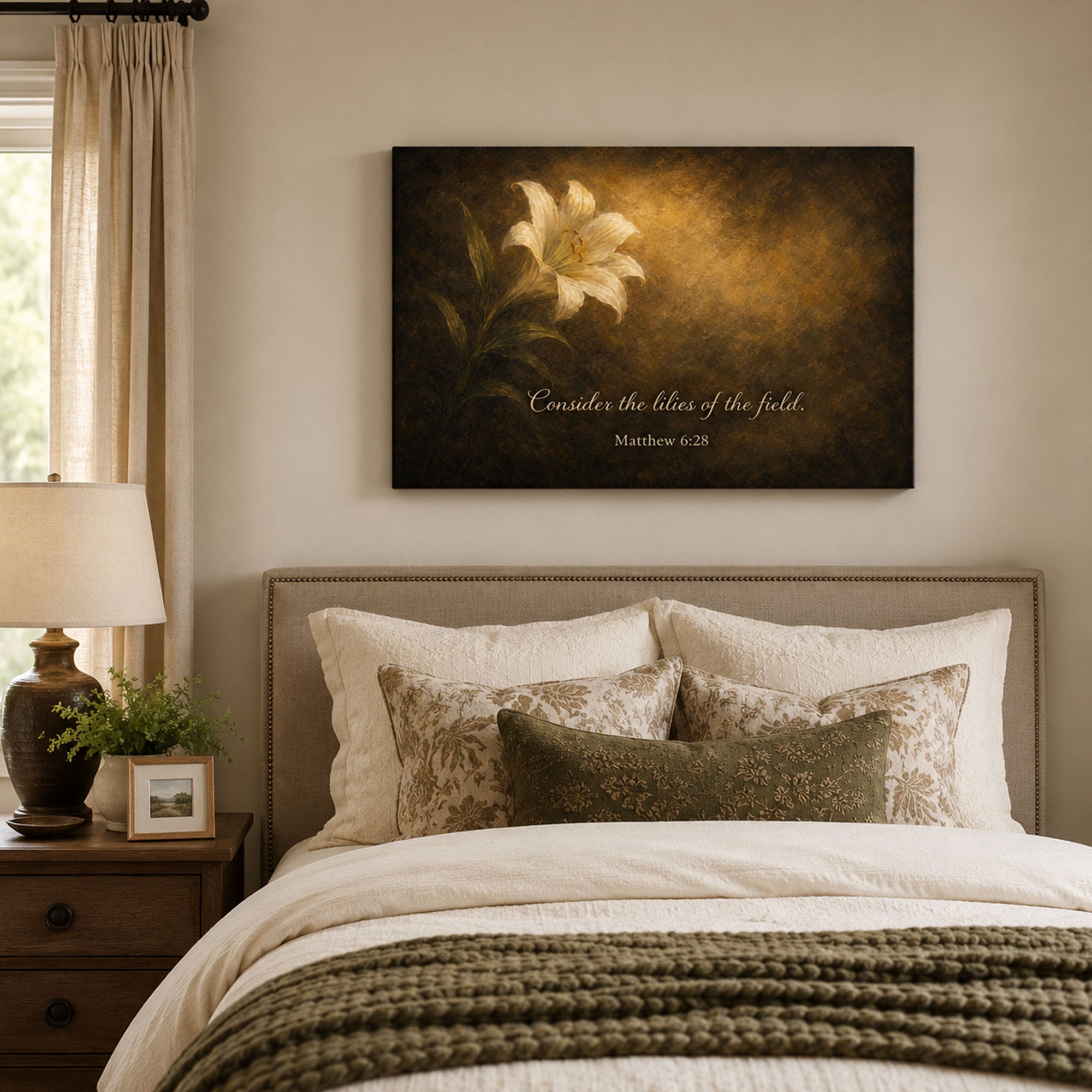 Consider the Lilies Canvas Print, Matthew 6:28 Bible Verse Wall Art, Christian Floral Home Decor Gift