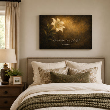 Consider the Lilies Canvas Print, Matthew 6:28 Bible Verse Wall Art, Christian Floral Home Decor Gift