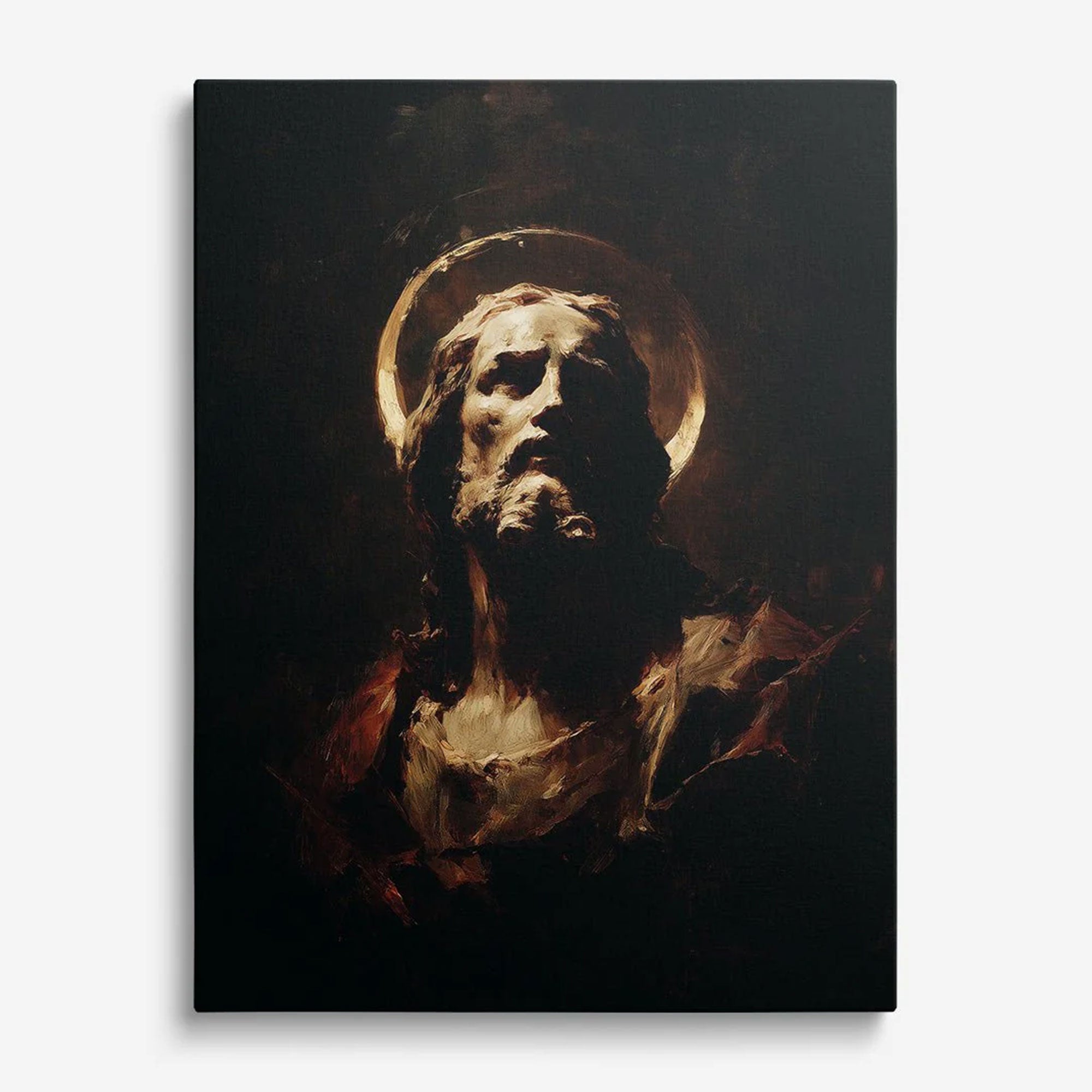 Dark Jesus Portrait Canvas Print, Sacred Christian Wall Art, Dramatic Faith Decor, Spiritual Light Artwork