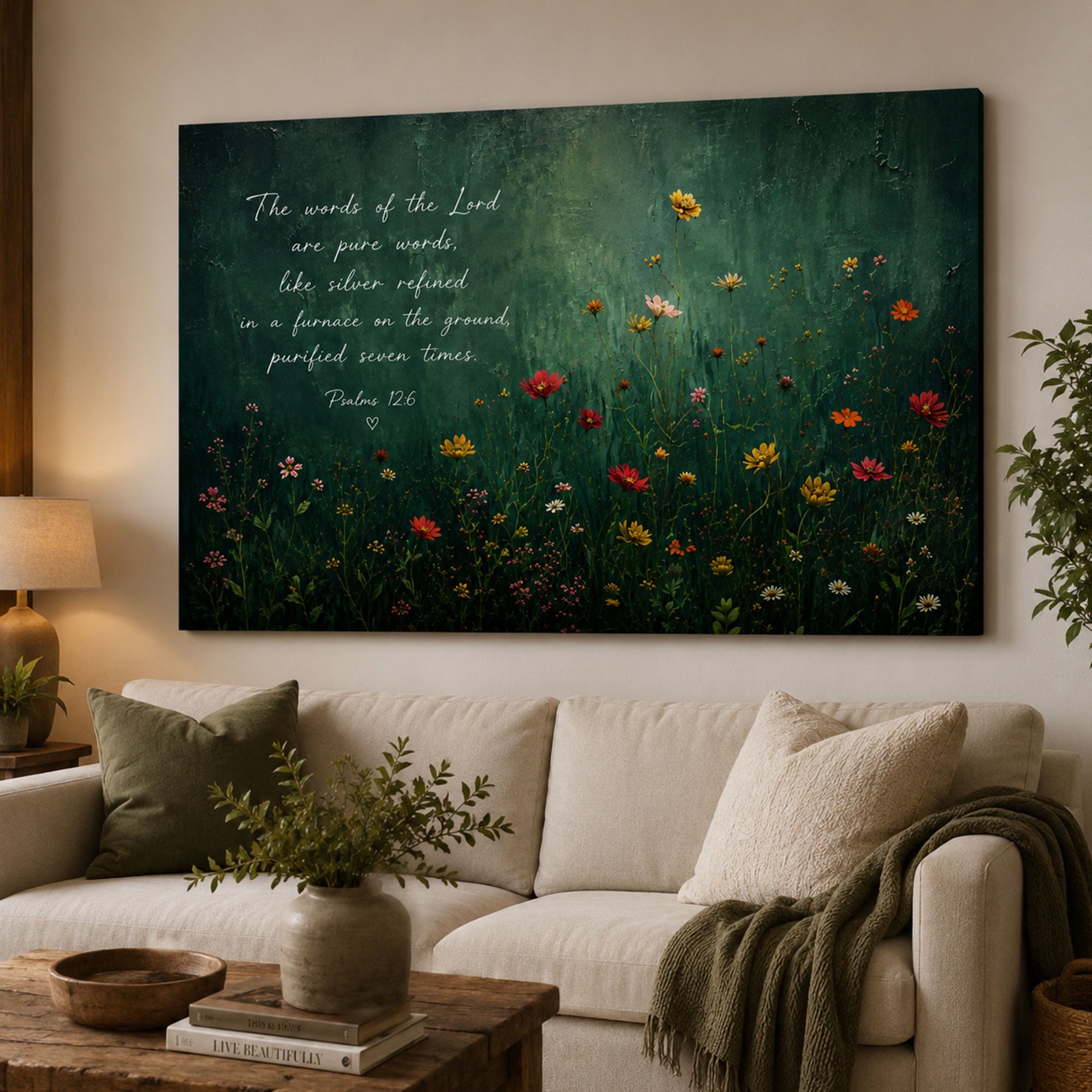 The Words of the Lord Psalm 12:6 Canvas Print, Christian Scripture Wall Art, Dark Green Floral Faith Home Decor