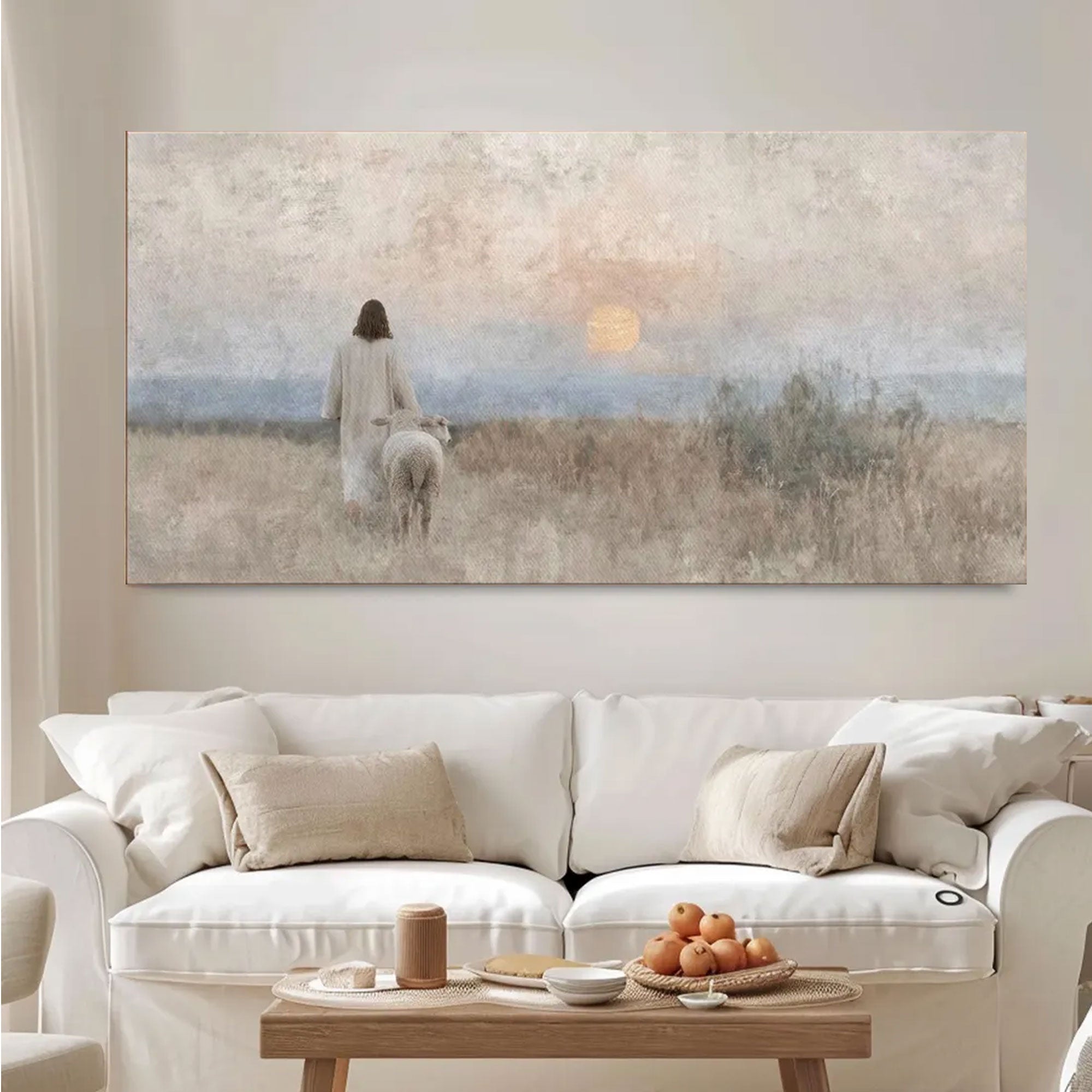 Sunset Shepherd Framed Canvas Print, Christian Wall Art, Jesus Shepherd Artwork, Religious Home Decor, Christmas Gift
