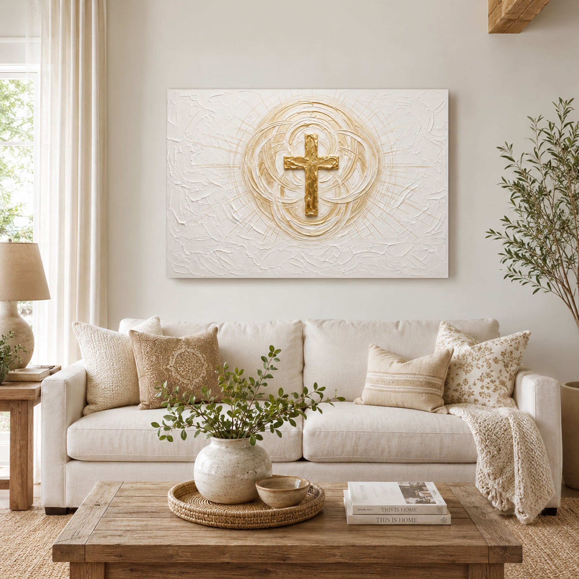 Gold Cross Panoramic Canvas Print, White Minimalist Christian Wall Art, Faith Home Decor Gift