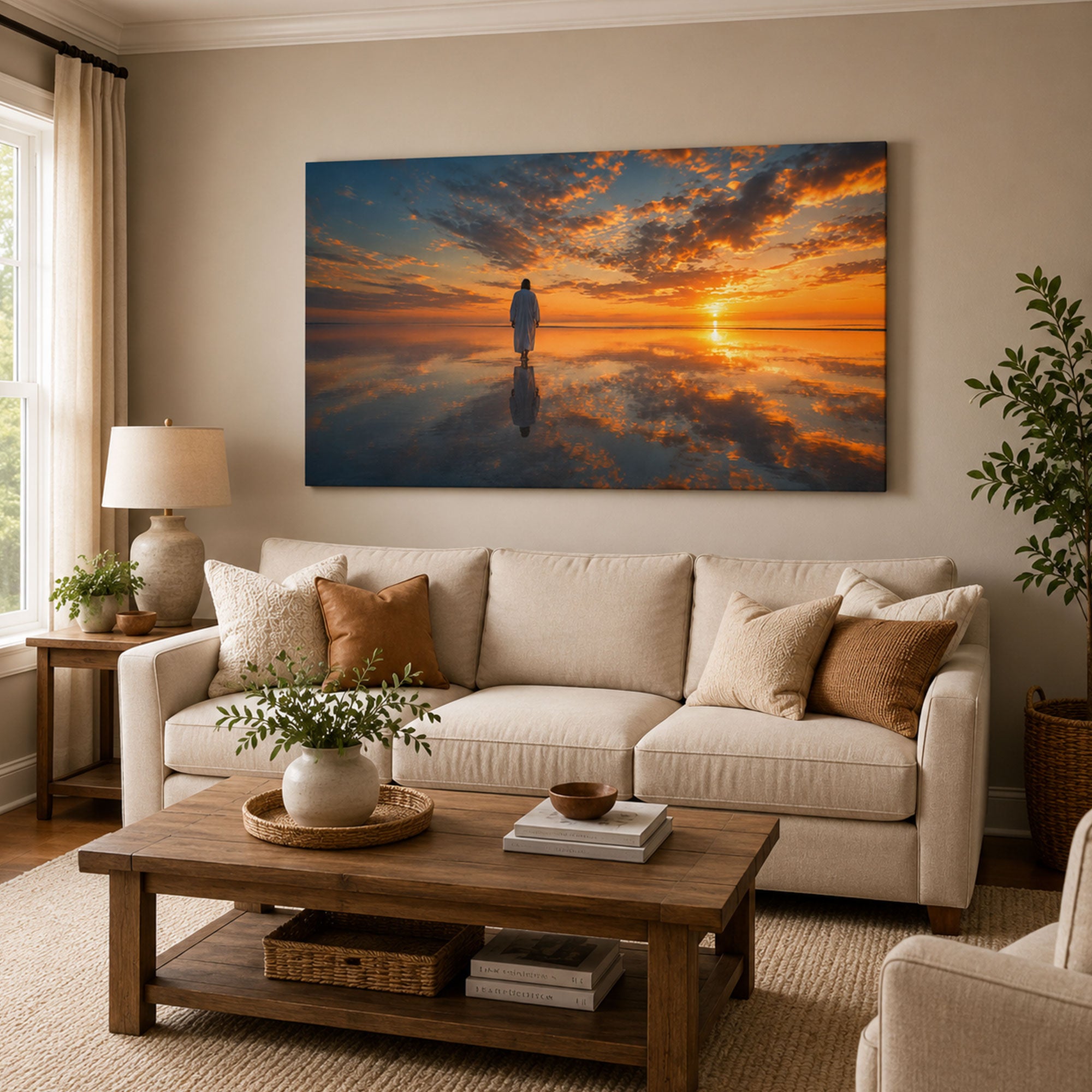 Jesus Walking on Water Sunset Canvas Print, Panoramic Christian Seascape Wall Art, Faith Home Decor Gift