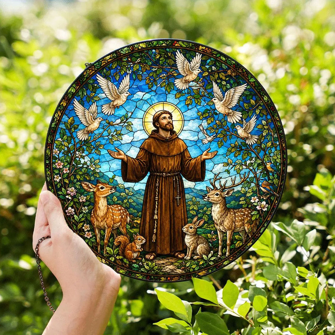 Saint Francis of Assisi Stained Glass Suncatcher, Patron Saint of Animals Catholic Window Hanging, Christian Faith Decor Gift