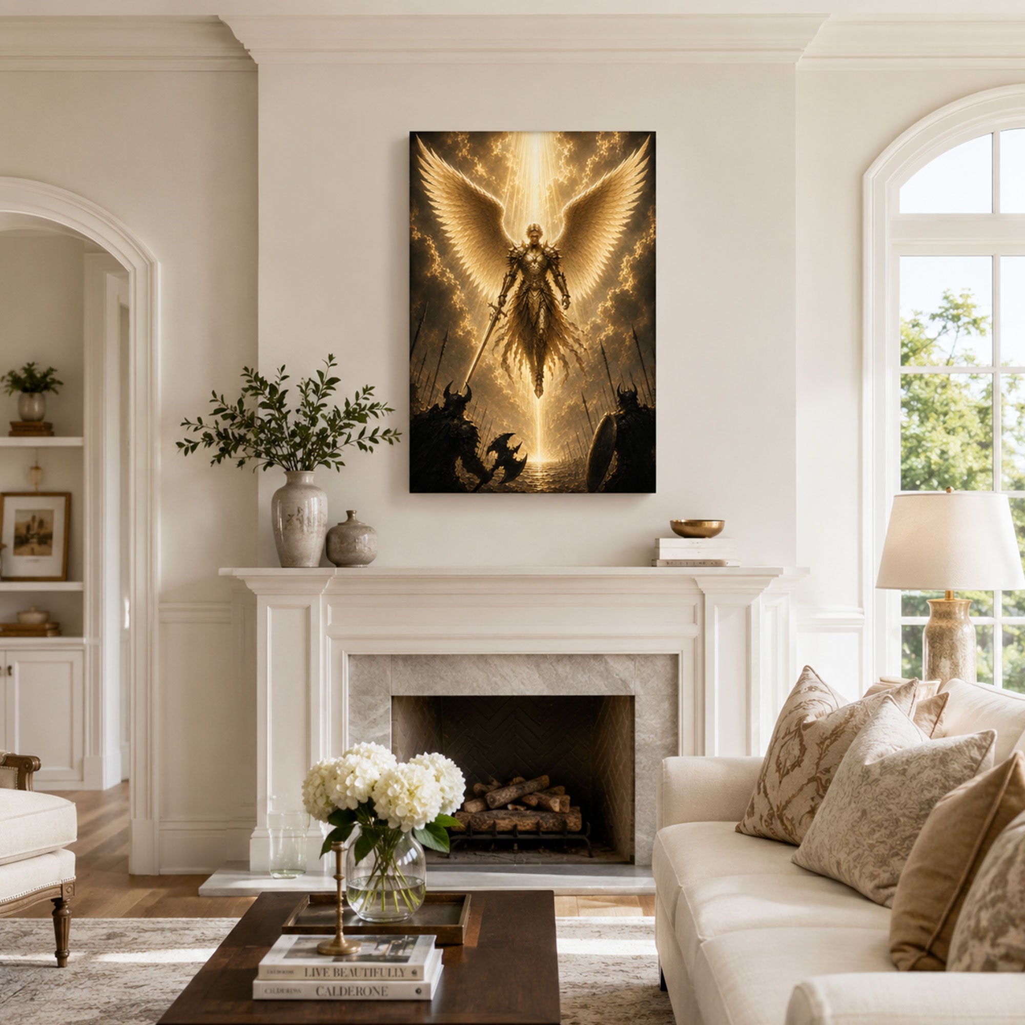 Archangel Michael Heavenly Victory Canvas Print, Golden Catholic Decor