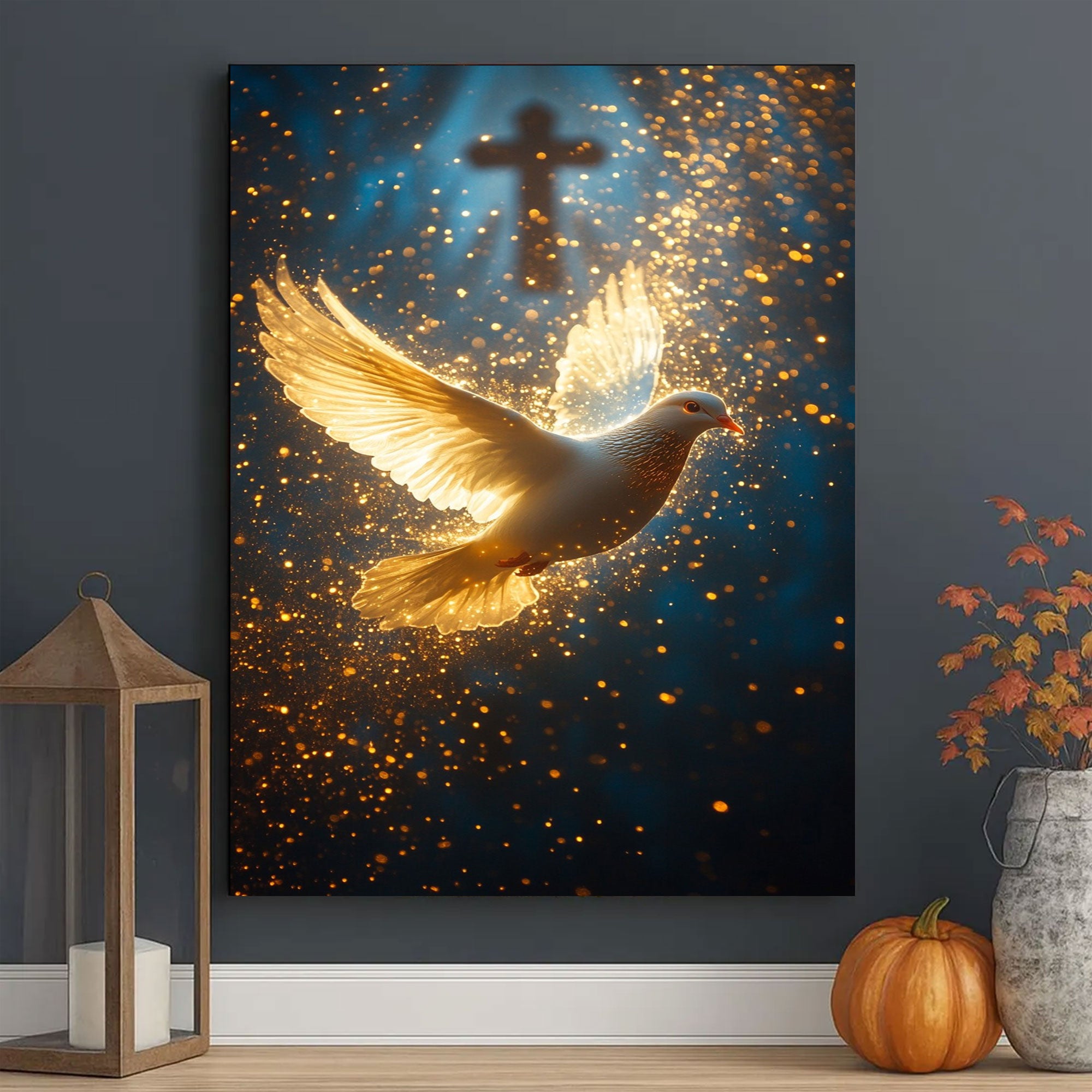 Light of the Spirit Canvas Print, Golden Dove and Cross Artwork, A Quiet Reminder of Faith, Presence, and Guidance