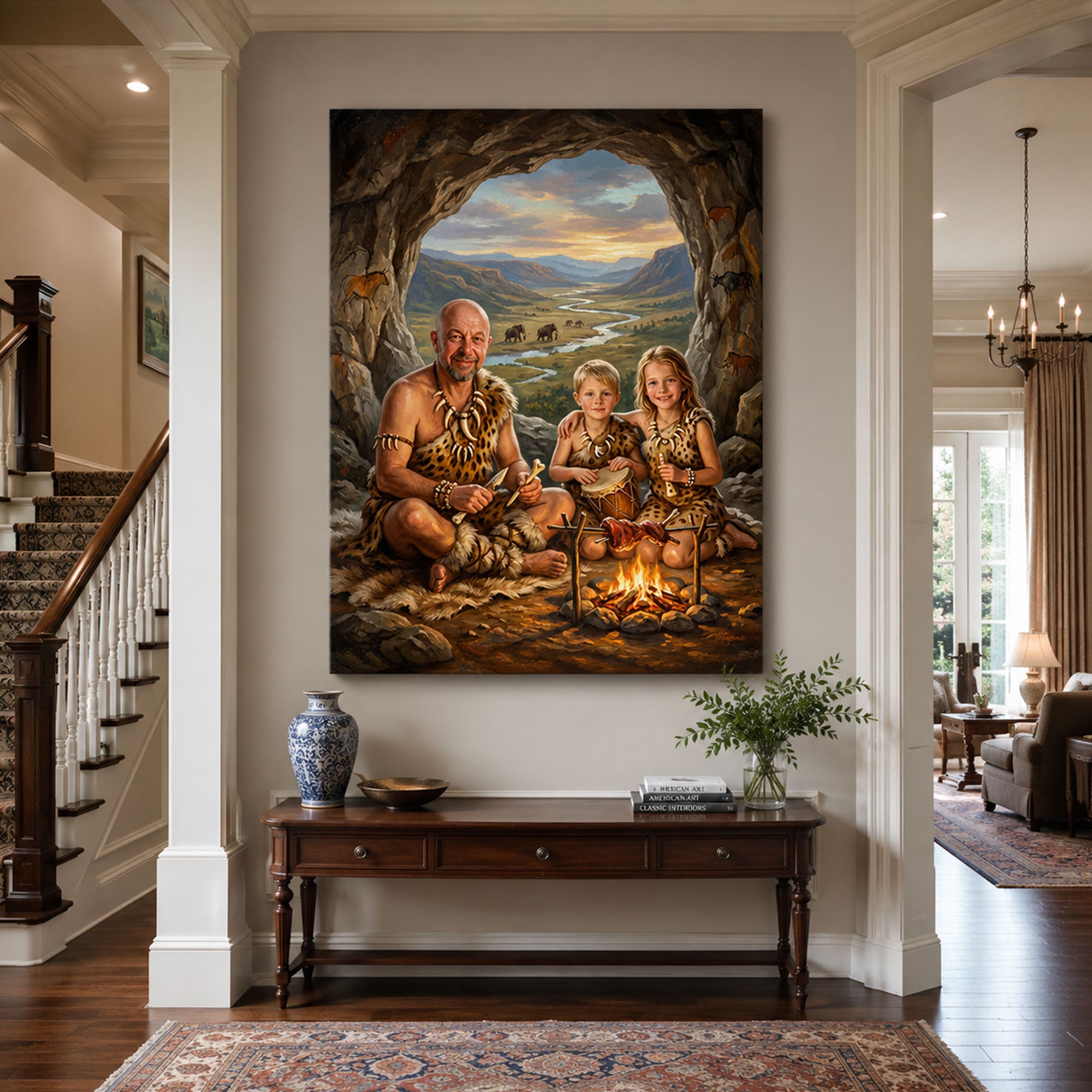 Personalized Cave Family Canvas Print, Custom Caveman Dad and Kids Portrait, Father’s Day Gift