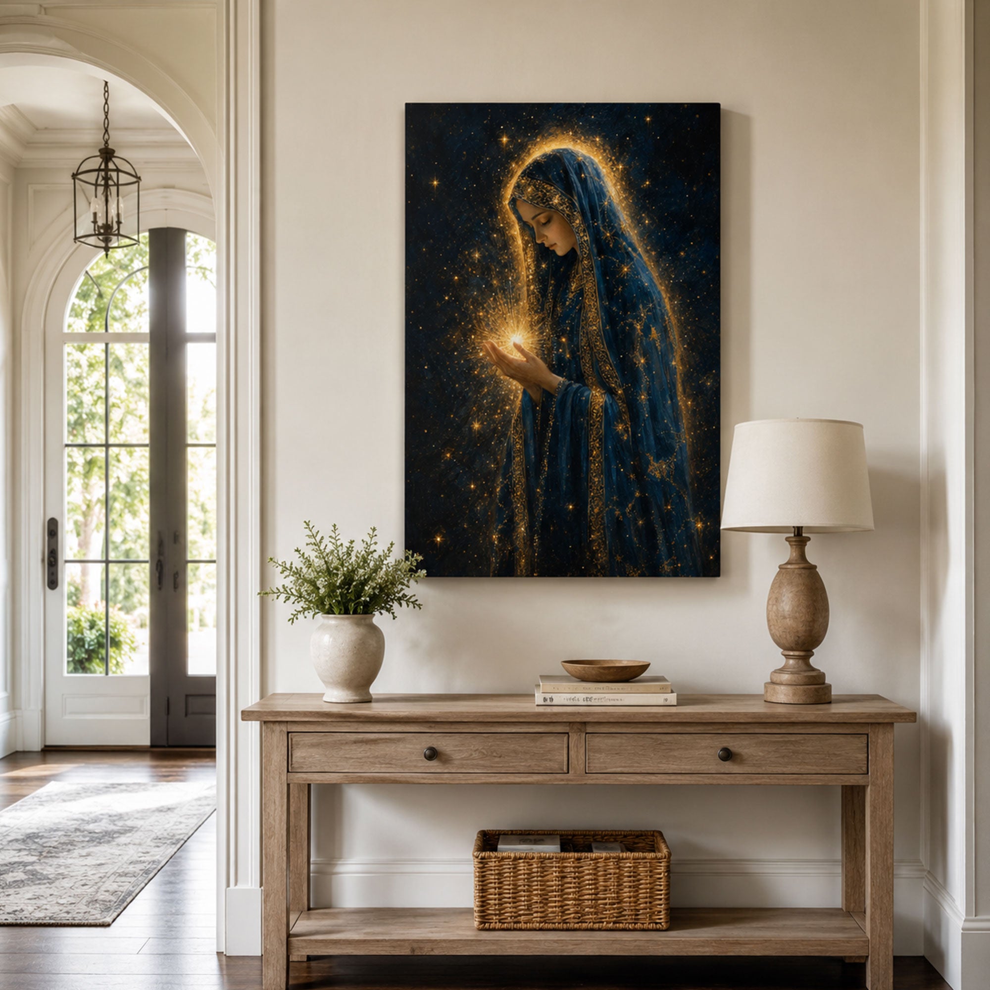 Blessed Virgin Mary Holding Divine Light Canvas Print, Midnight Blue Catholic Decor