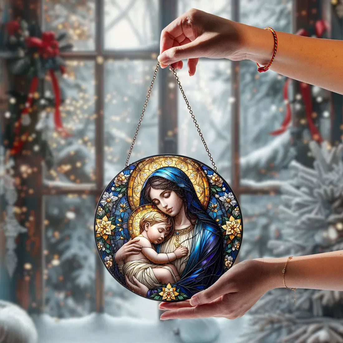 Virgin Mary and Baby Jesus Suncatcher, Blessed Mother Catholic Window Hanging, Christian Gift for Mom