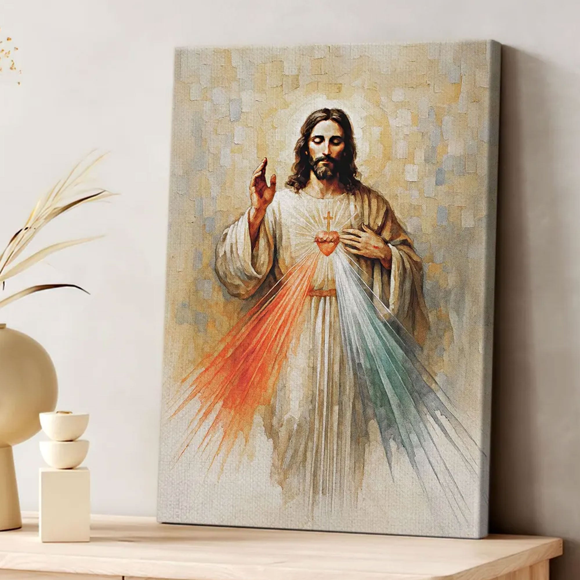 Jesus Divine Mercy Canvas Print, Modern Christian Watercolor Art & Sacred Heart Catholic Canvas