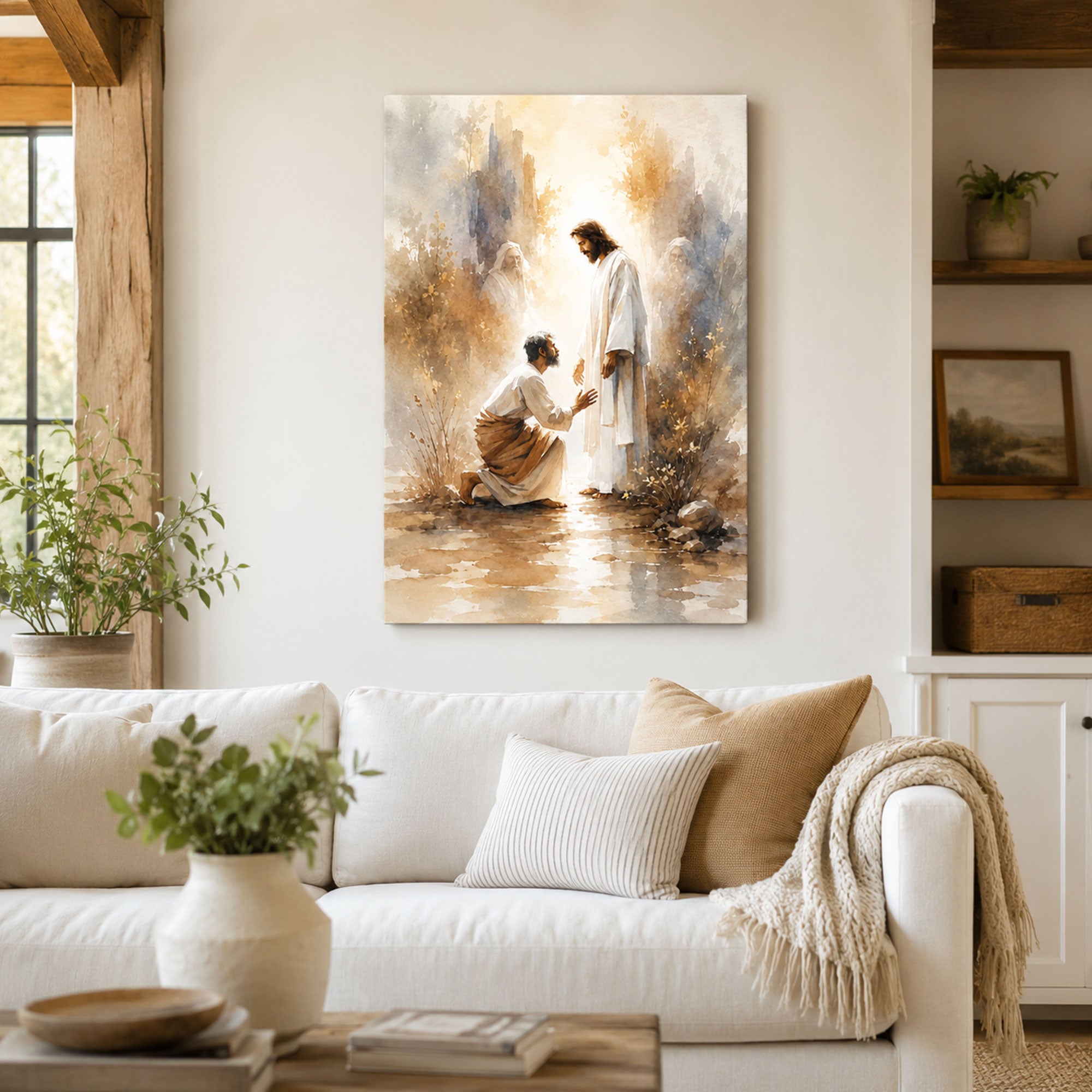 Jesus Healing the Kneeling Man Canvas Print, Christian Mercy Wall Art, Faith Home Decor Gift