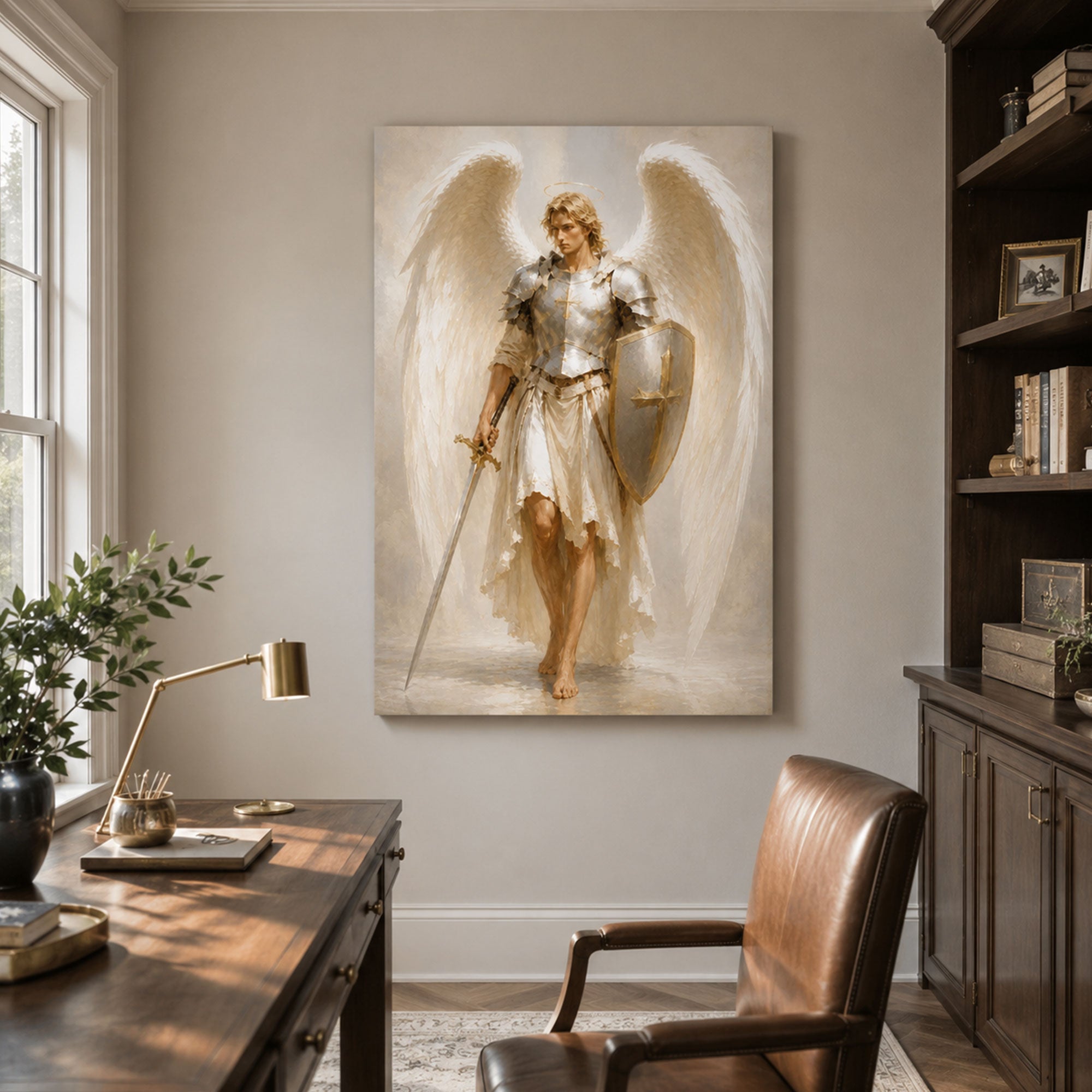 Saint Michael Archangel Canvas Print, Catholic Warrior Angel Wall Art, White Armor Faith Home Decor Gift