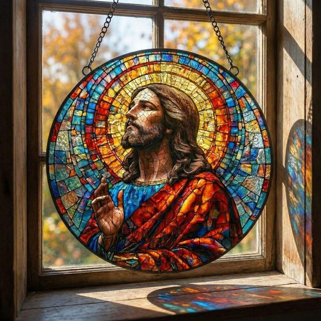 Jesus Christ Stained Glass Suncatcher, Christian Window Hanging Decor, Religious Faith Gift, Spiritual Home Ornament