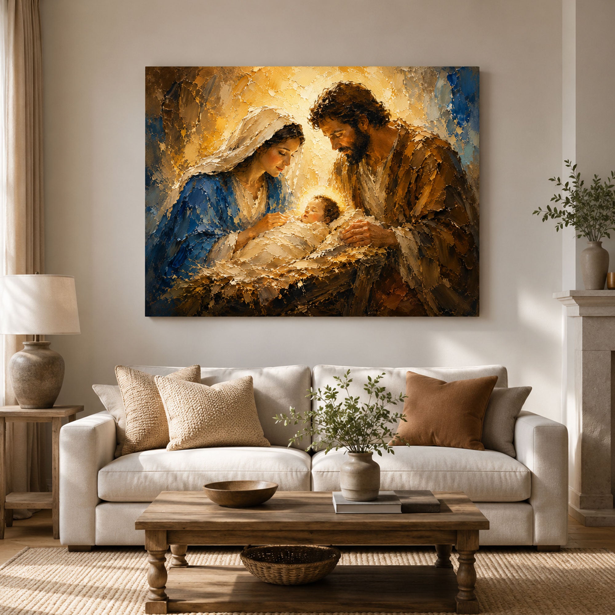 Holy Family Nativity Canvas Print, Baby Jesus in Manger Wall Art, Christmas Catholic Home Decor