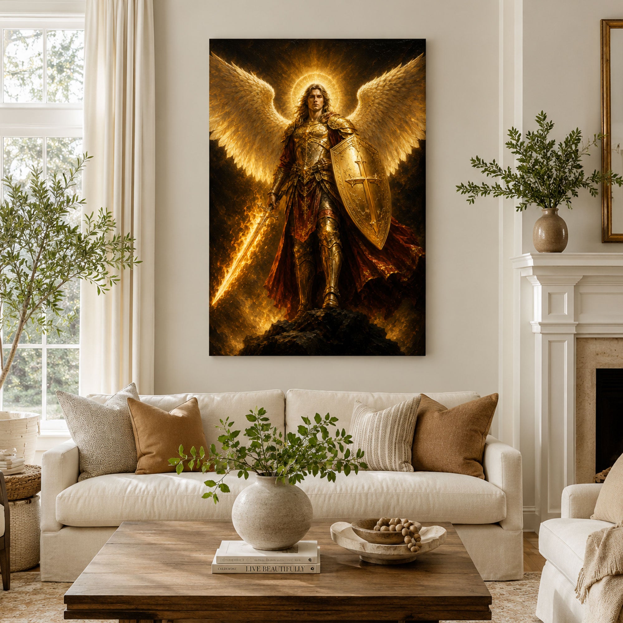 Saint Michael with Flaming Sword and Cross Shield Canvas Print, Catholic Home Decor
