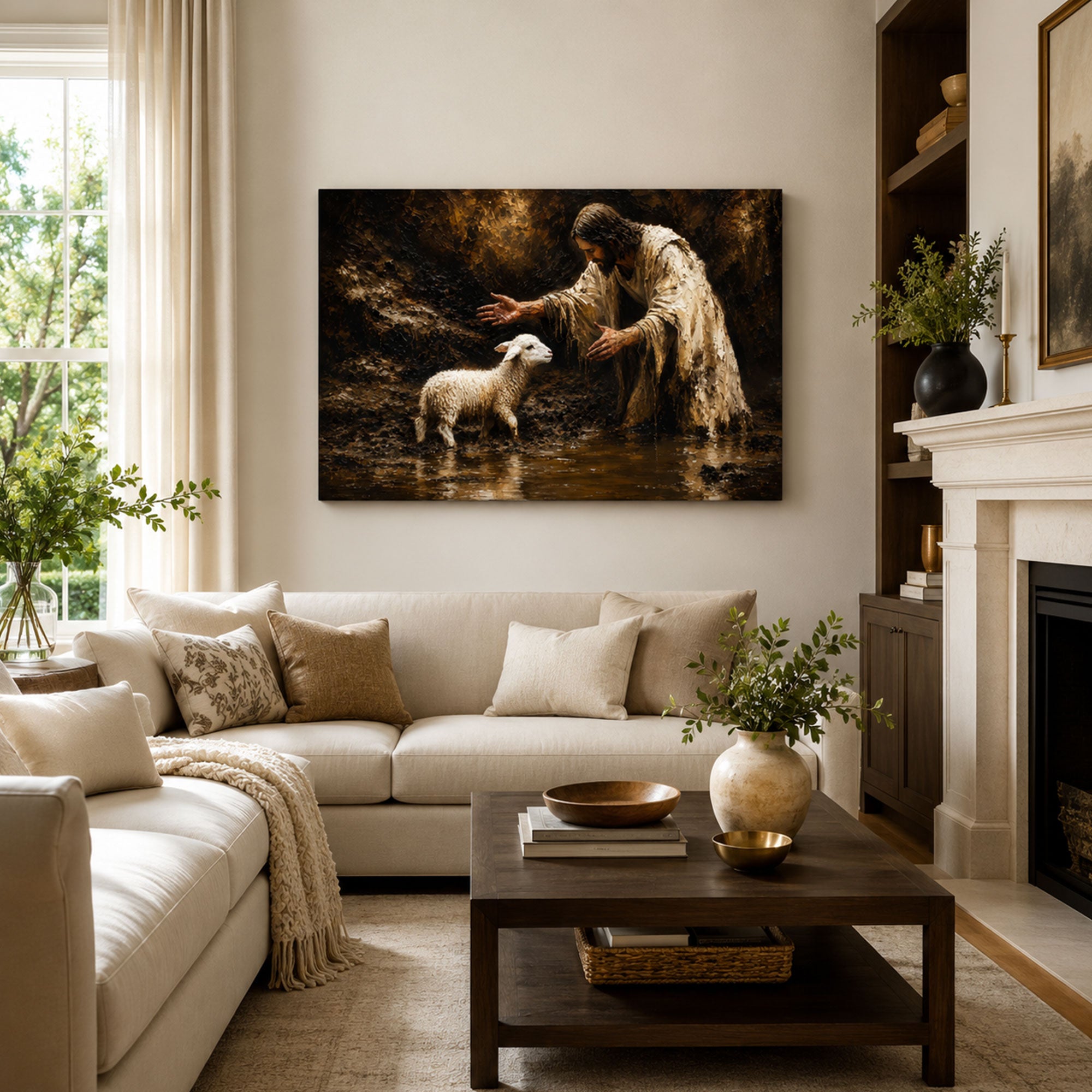 Jesus Rescuing the Lost Lamb Canvas Print, Earth Tone Christian Decor