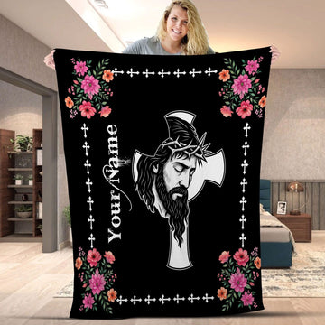 Personalized Jesus Christ Cross Fleece Blanket, Christian Faith Floral Throw, Religious Gift, Inspirational Home Decor